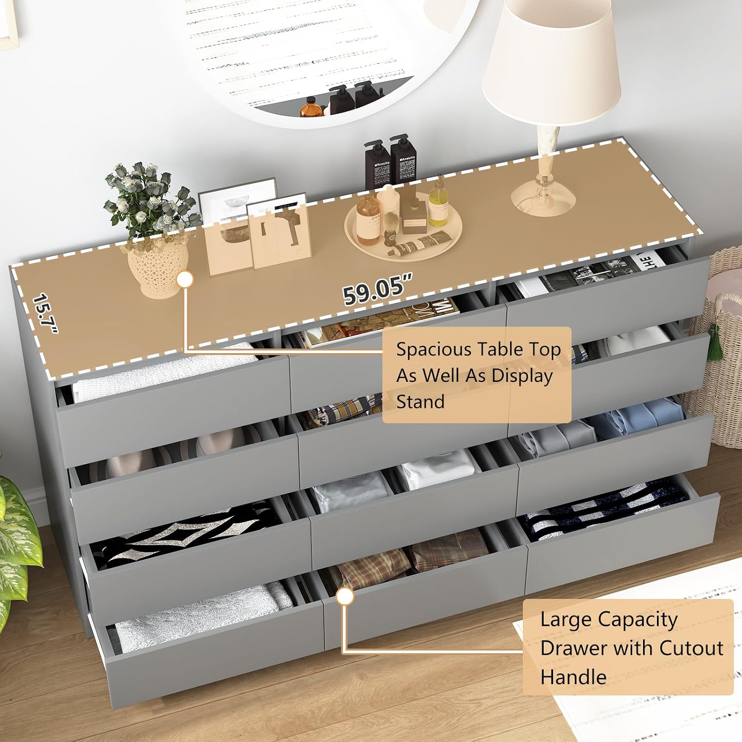 Vibe & Dine 12 Drawer Dresser, Grey Dressers for Bedroom Free Handle, Modern Chest of Drawers with Wide Storage for Closet, Living Room, Hallway