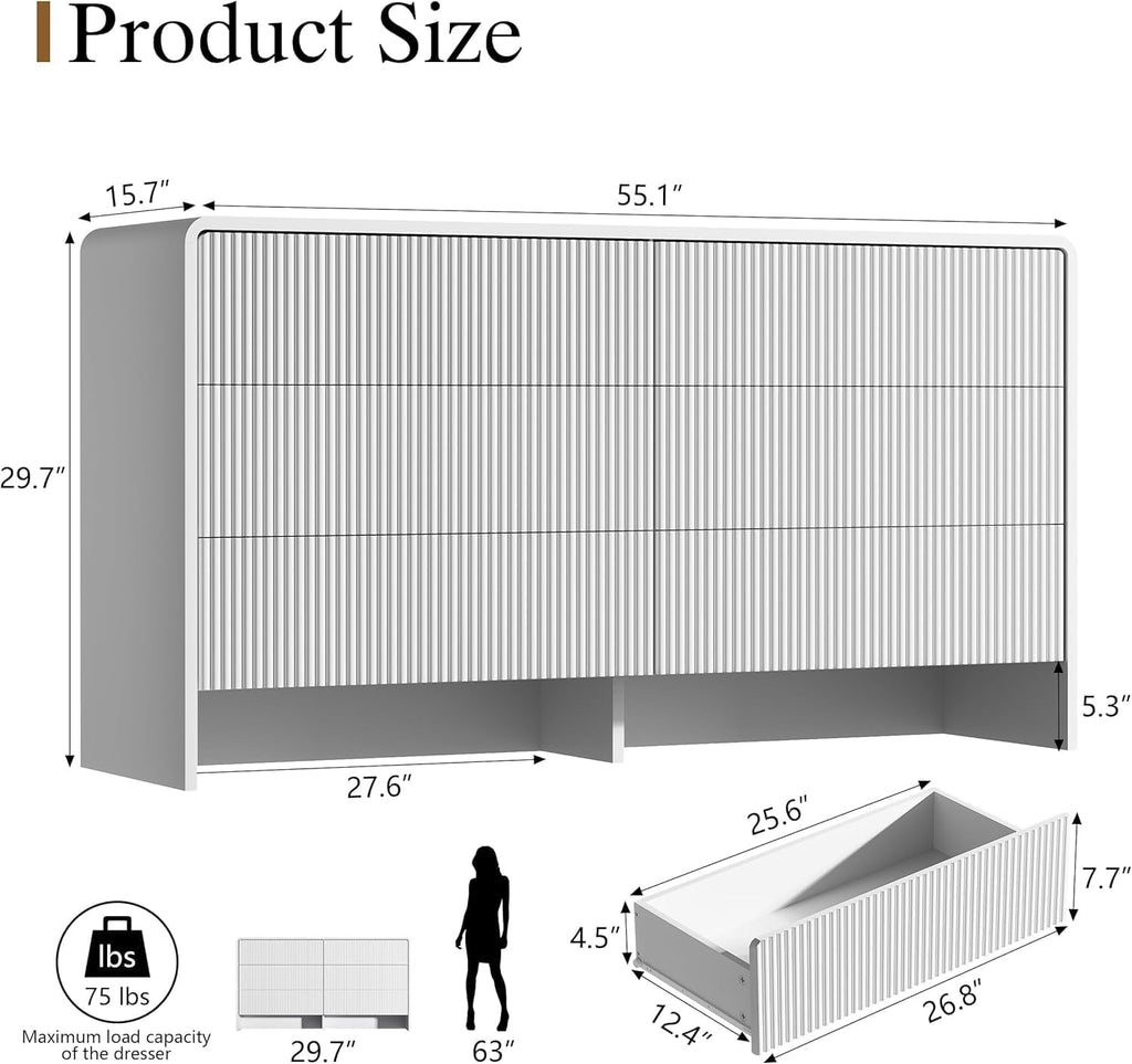 Furniway 55' Wide Modern Dresser for Bedroom, 6 Drawer Chest of Drawers with Curved Design, Push-to-Open Storage Dresser, White