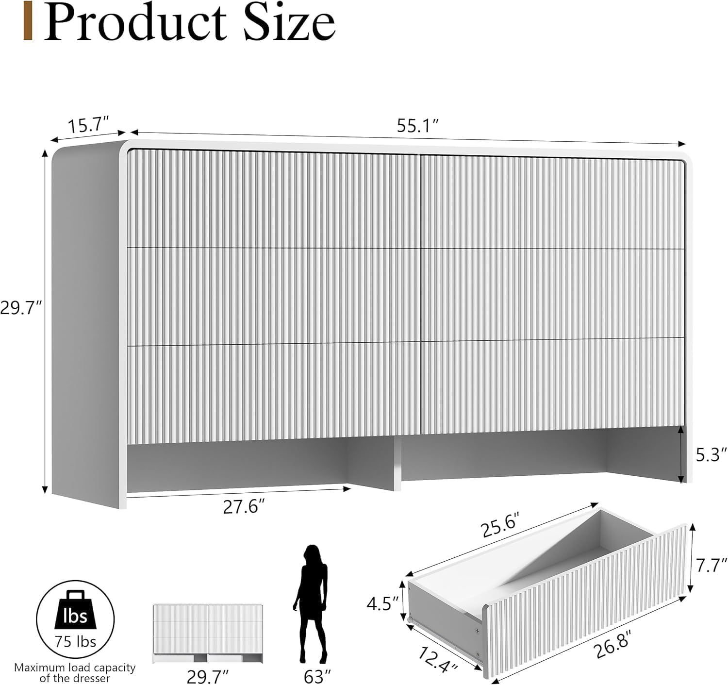Furniway 55' Wide Modern Dresser for Bedroom, 6 Drawer Chest of Drawers with Curved Design, Push-to-Open Storage Dresser, White