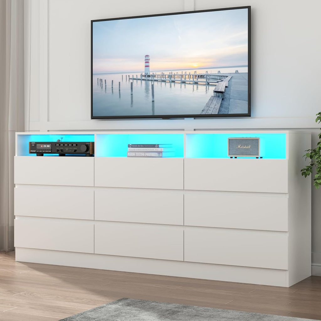 Loomie 9 Drawers Dresser, White Drawer Cabinet with Power Outlet, Accent Chests of Drawers with LED Light, Modern Storage Chest for Bedroom, Living Room (9 Drawers White)
