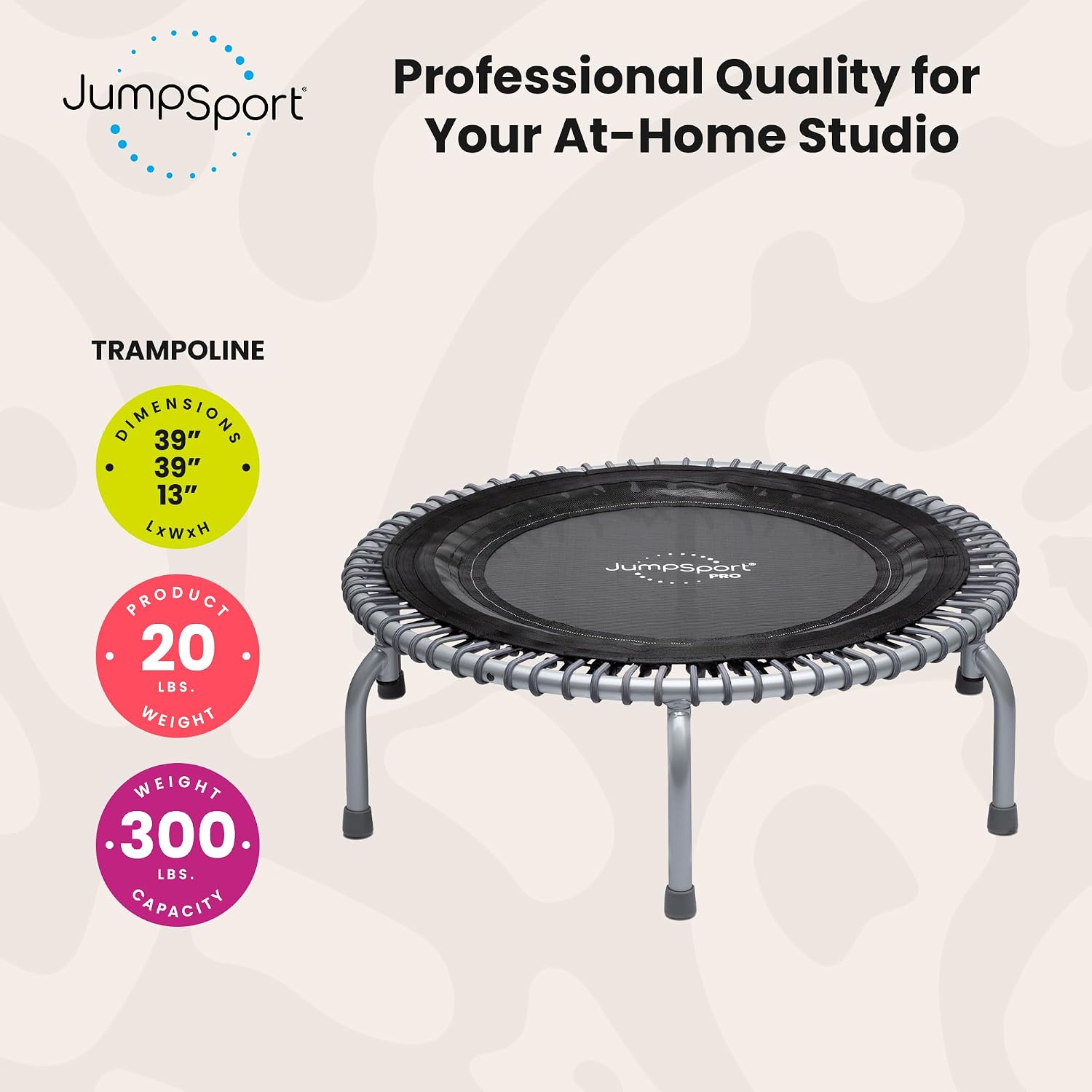 JumpSport 350 PRO 39 Inch Fitness Trampoline Indoor Rebounder Cardio Workout Equipment 300 lb Capacity