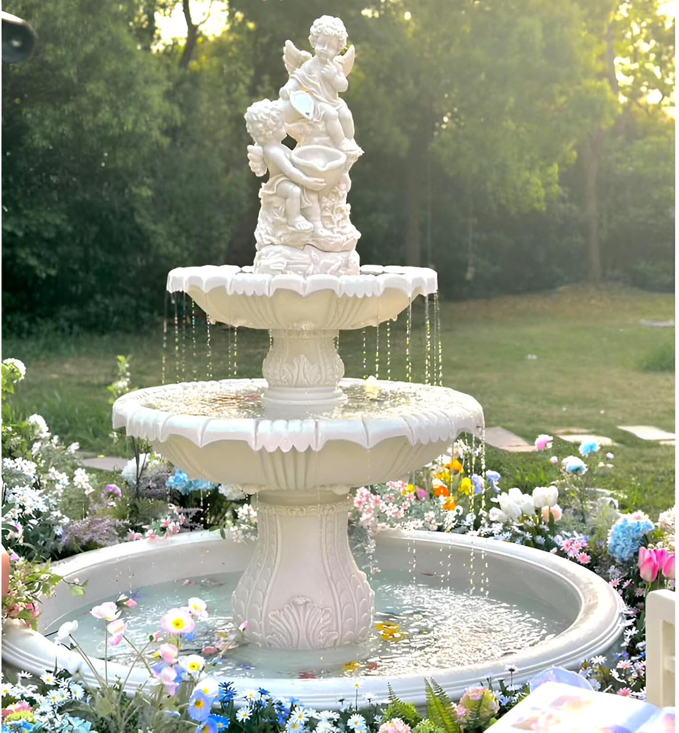 Large Outdoor Electric Water Fountain with Angel Top, 4-Tier Crystal Garden Fountain with LED Lights, Natural Crystals & Free Protective Cover for Lawn, Patio & Villa Décor (no pond, 120*120*160 CM)