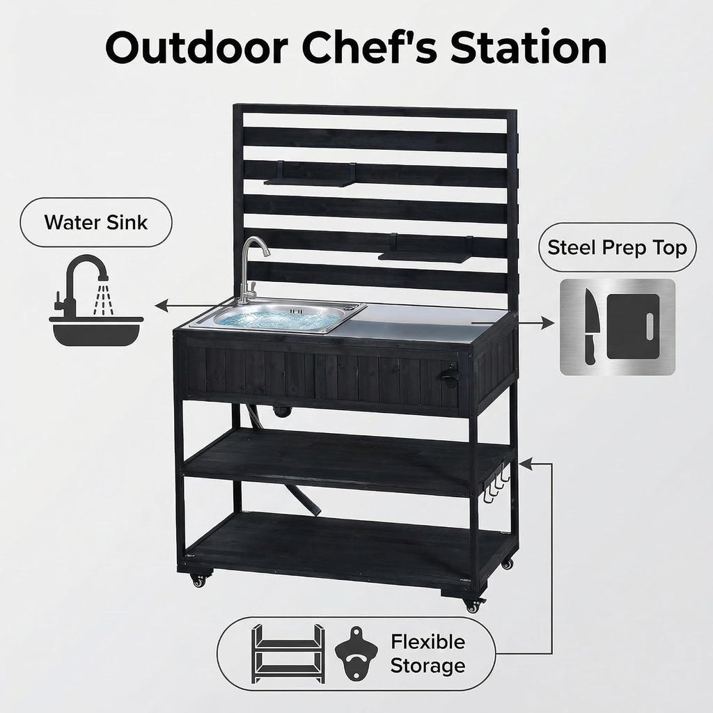 Outdoor Grill Table with Stainless Steel Sink, Outdoor Sink Station, 41.7' Rolling Kitchen Island Cart, Solid Wood Potting Table, 2 Shelves (Black)