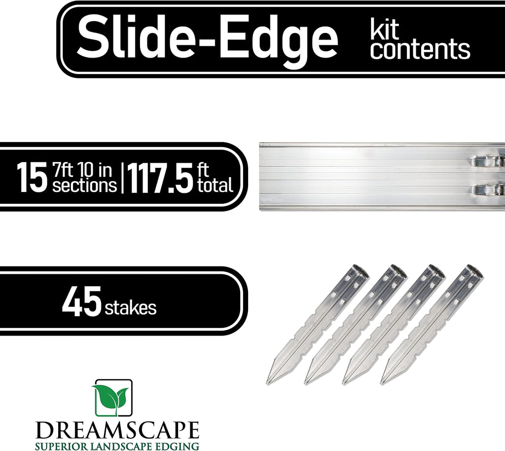 Dreamscape SlideEdge Aluminum Landscape Edging - 15 Strips, 7'10'ft Each (117.5ft Total), Mill Finish - Professional Quality Landscaping Border, Metal Divider for Lawn, Garden, Flowerbed