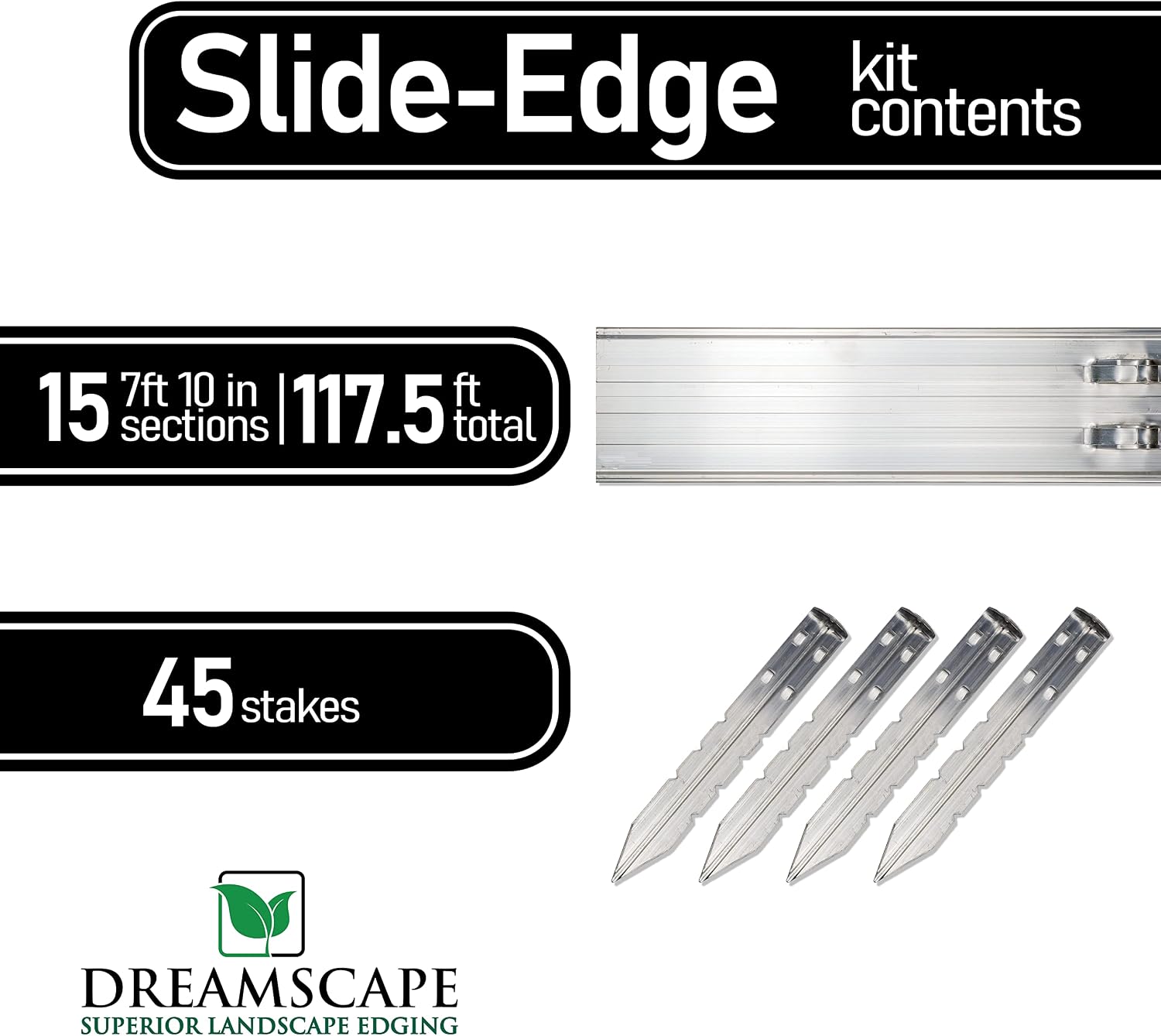 Dreamscape SlideEdge Aluminum Landscape Edging - 15 Strips, 7'10'ft Each (117.5ft Total), Mill Finish - Professional Quality Landscaping Border, Metal Divider for Lawn, Garden, Flowerbed