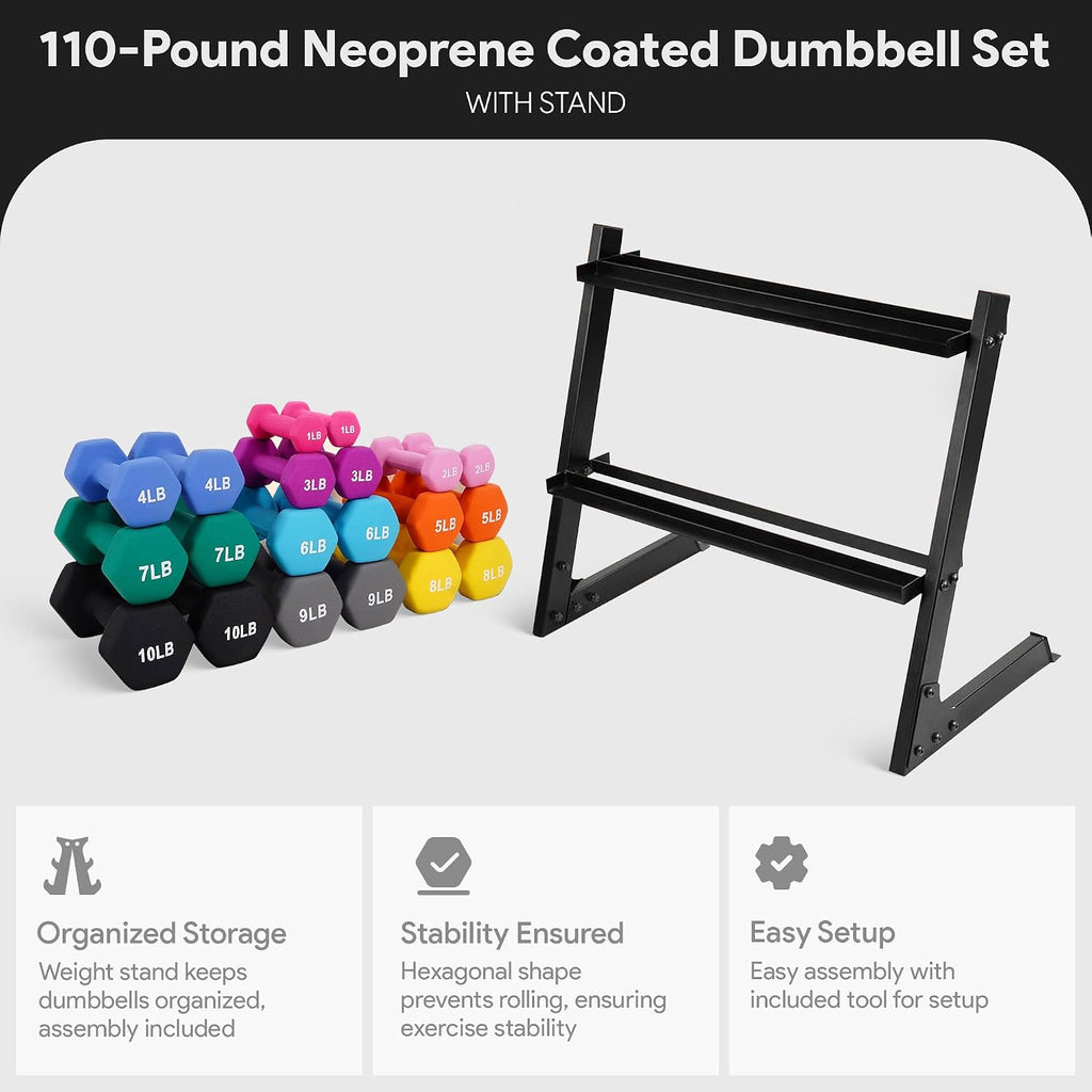 BalanceFrom Neoprene Coated Iron Dumbbell Hex Weights Set with Stand – Color-Coded or Black Options with Non-Slip Grip for Strength Training, Resistance Workouts, and Home Gym Fitness
