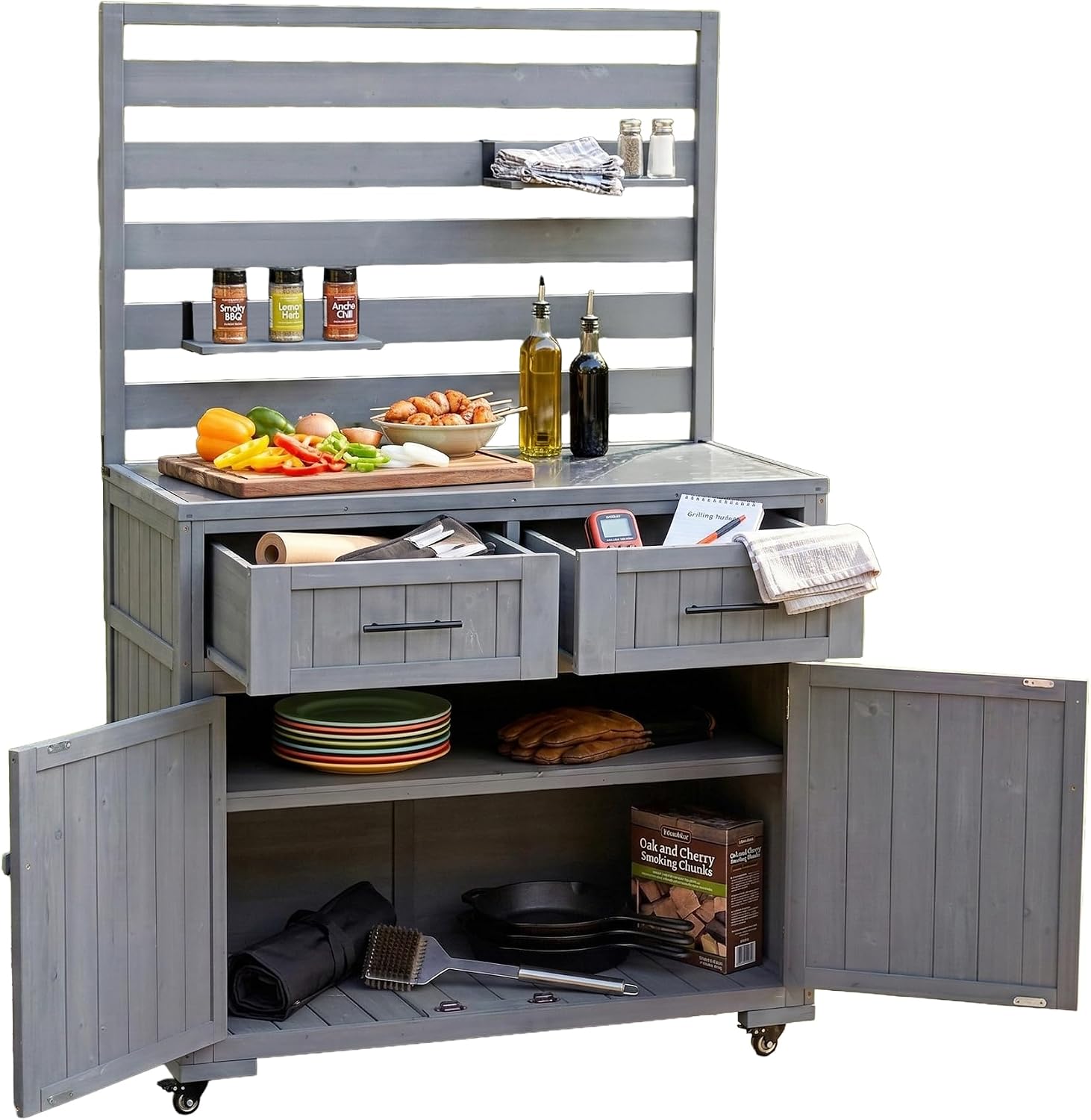 Large Potting Bench Table with Stainless Table Top, Mobile Garden Workstation on Wheels with 3 Movable Shelves and 2 Drawers (Gray)