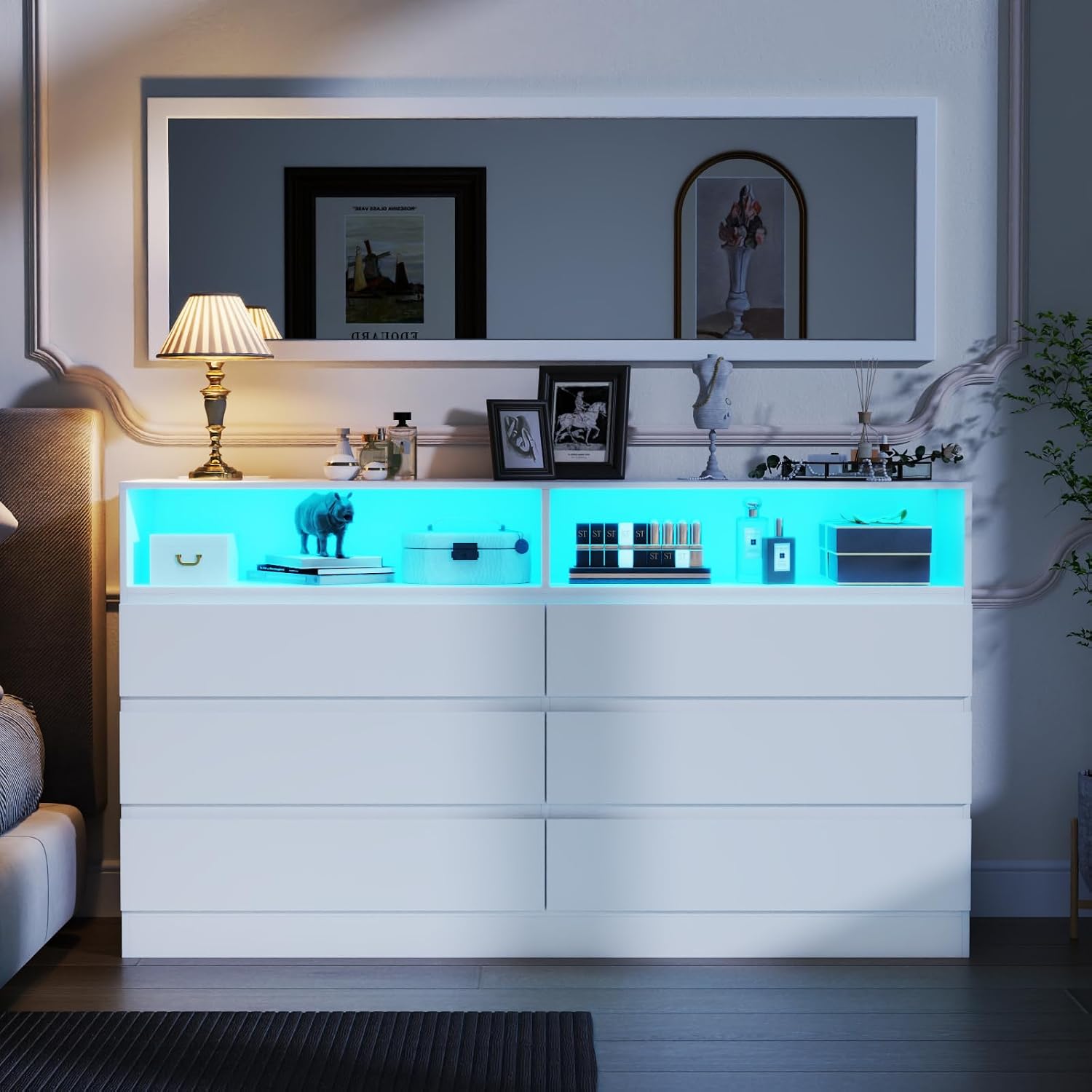 Gyfimoie Dresser for Bedroom with Full Length Mirror 48'x16', White Storage Cabinet with Power Outlet, 6 Drawer Dresser with LED Light, Modern Dressers with Charging Station(White)