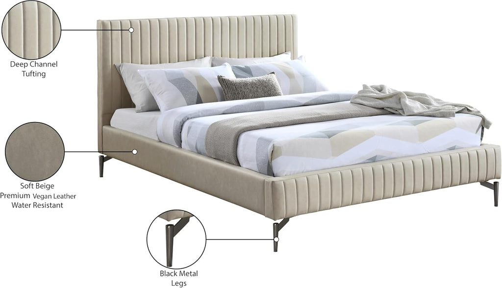 Meridian Furniture GalloBeige-Q Gallo Collection Modern | Contemporary Queen Bed with Soft Beige Vegan Leather, Deep Channel Tufting and Black Metal Legs, 65.5' W x 89' D x 43.5' H, Beige, Queen