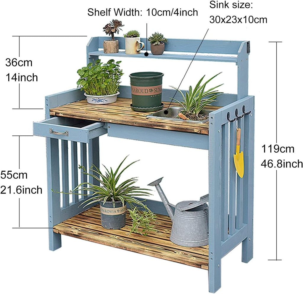 Garden Potting Bench Table, Country Outdoor Planting Bench with 3 Side Hooks and Sliding Drawer, Removable Sink, Solid Pine Wood