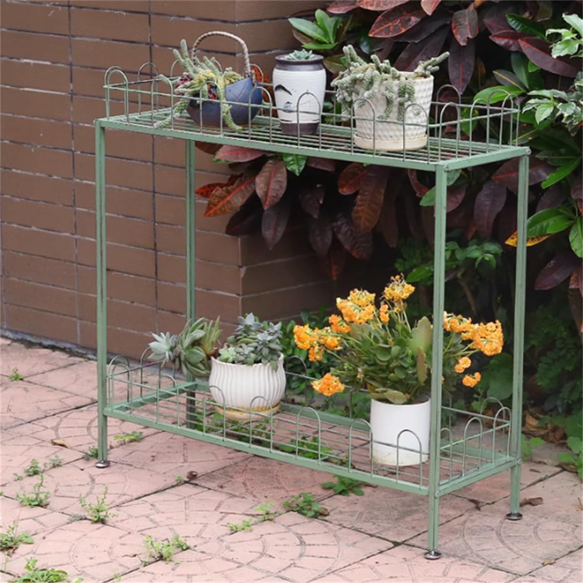 Outdoor Garden Potting Bench Table, 2 Tier Metal Plant Stand with fence,Heavy Duty Metal Shelves,Plant Shelf for Indoor Outdoor,Metal Outdoor Plant Stand Holder Rack,for Balcony and Garden ,Green