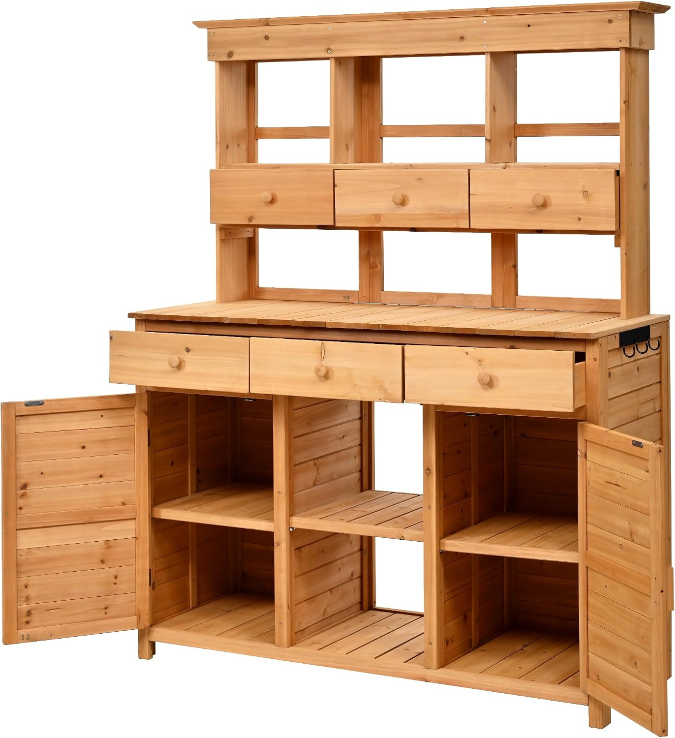 Roomfitters 66 Inch Tall Garden Potting Bench with Hutch and 6 Drawers, Fir Wood Storage Workstation, Natural