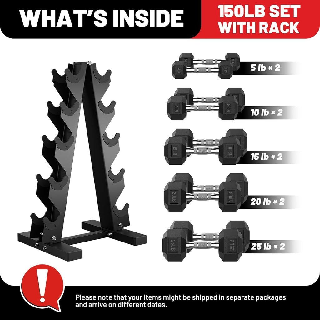 PAPABABE Hex Dumbbell Sets with Rack, 100-600lb Rubber Coated Dumbbell Weight Set and Storage Rack, Multiple Options Hand Weights for Strength Training