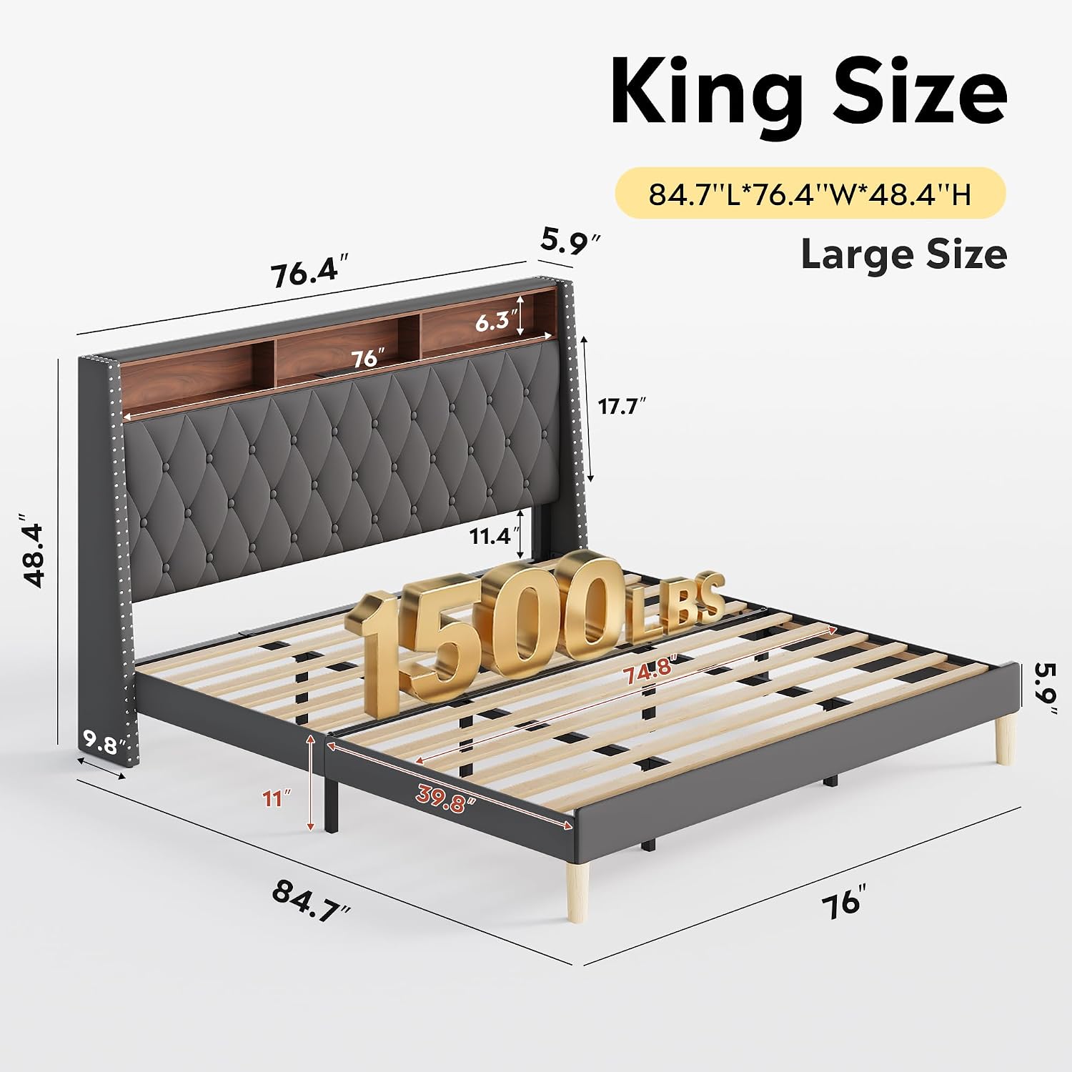 WLIVE King Size Upholstered Bed Frame with 48'' Tall Wingback Headboard, Velvet Square Tufted Platform Beds with Charging Station, Sturdy Metal & Wooden Slats Support, Grey