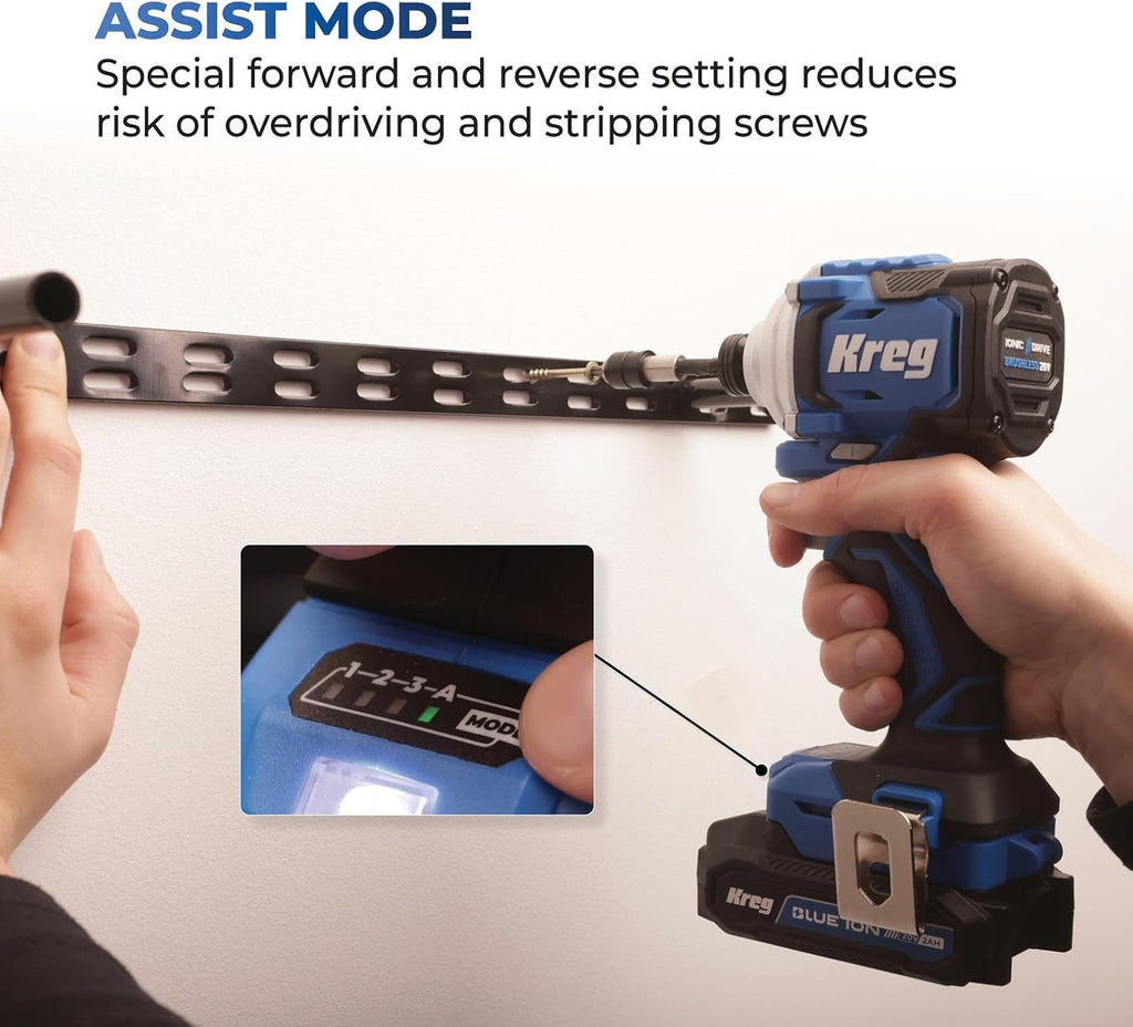 Kreg 20V Ionic Drive 1/4' Compact Impact Driver, 20V Blue Ion Charger & Blue Ion 2Ah Battery Pack - Compact, Cordless Driver with 2,200 in-lbs of Torque - 20V Variable Speed - LED Light - KPTBDV025A