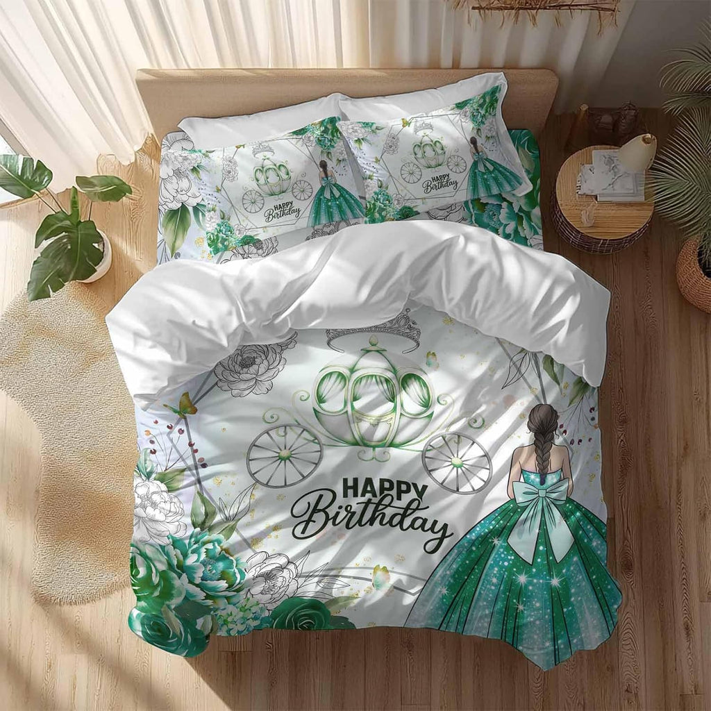 Happy Birthday Duvet Cover Set, Green Dress Crown Carriage Flowers Butterfly Soft Duvet Cover Full Size Bedding Set 4 Pieces, 1 Quiltcover and 2 Pillowcases with Zipper, 1 Bed Sheet for All Seasons
