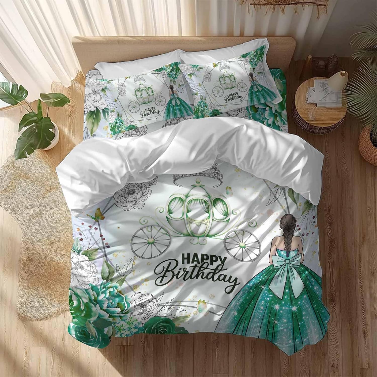 Happy Birthday Duvet Cover Set, Green Dress Crown Carriage Flowers Butterfly Soft Duvet Cover Full Size Bedding Set 4 Pieces, 1 Quiltcover and 2 Pillowcases with Zipper, 1 Bed Sheet for All Seasons