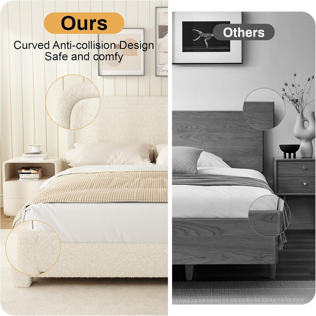 WEUP Twin Size Boucle Bed Frame, Upholstered Cloud Bed Frame with Headboard, Soft Rounded Corners, No Box Spring Required, Adjustable Headboard, Easy Assembly，Cream