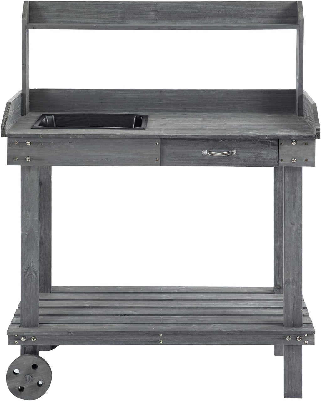 30x24x36in Versatile Heavy-Duty Potting Bench with Wheels Sink Full-Depth Drawer Space Saving Compartments Solid Wood Dark Gray