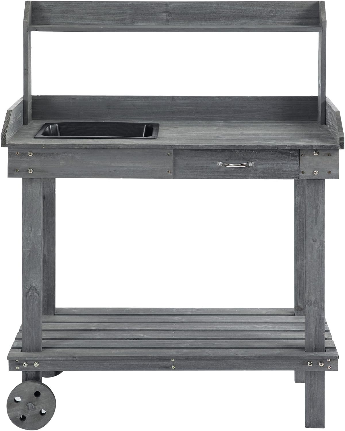 30x24x36in Versatile Heavy-Duty Potting Bench with Wheels Sink Full-Depth Drawer Space Saving Compartments Solid Wood Dark Gray