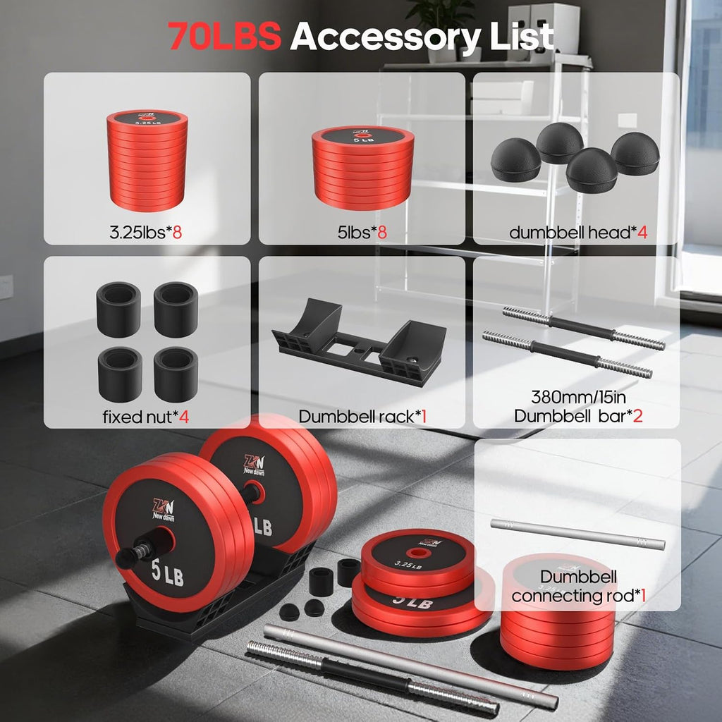 Adjustable Dumbbell Set，20/30/50/70/90lbs Free weight set with Carbon Steel,rack，Barbell Free weights set with Connector,Workout Equipment for Home Gym Suitable Men/Women