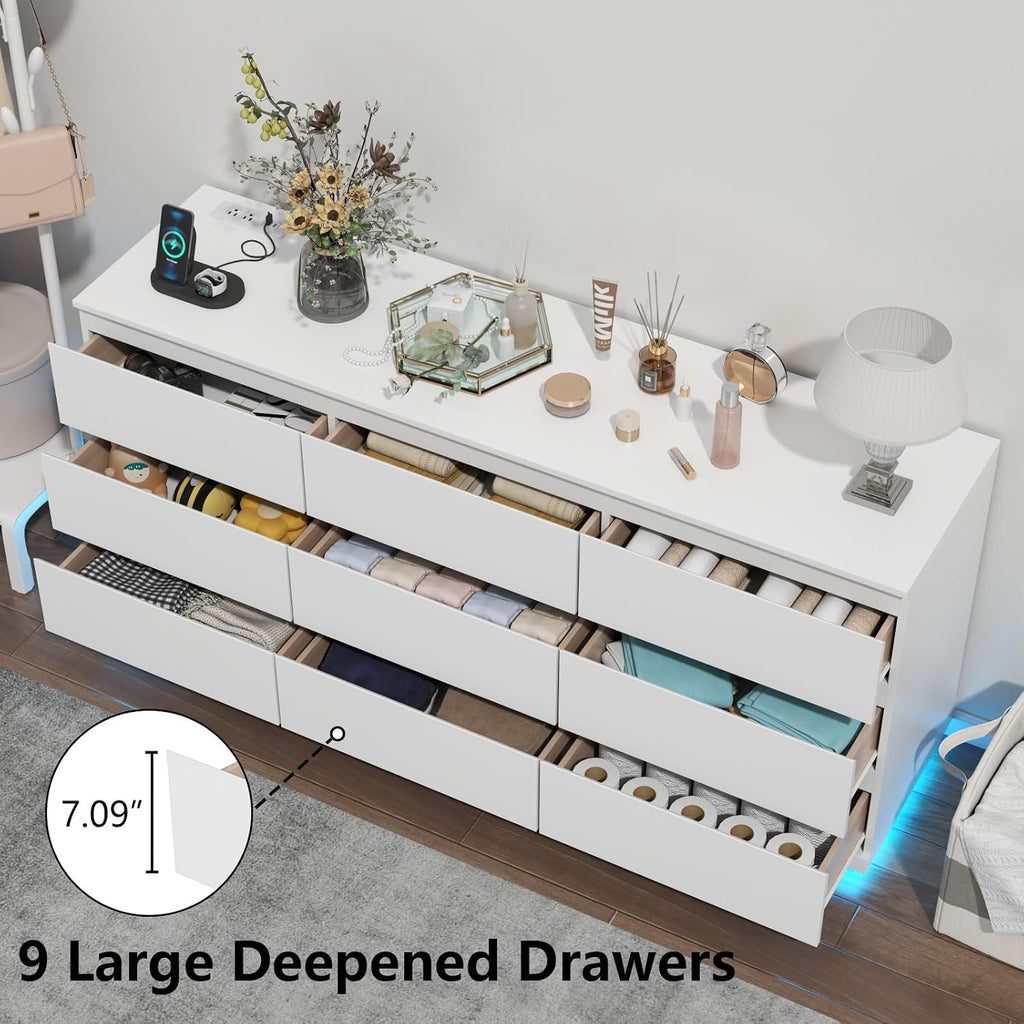 Gyfimoie 9 Drawer Dresser with Power Outlet and LED Lighting, Floating White Dresser Chest of Drawers, The Modern Organizer for Bedroom & Living Room (White)