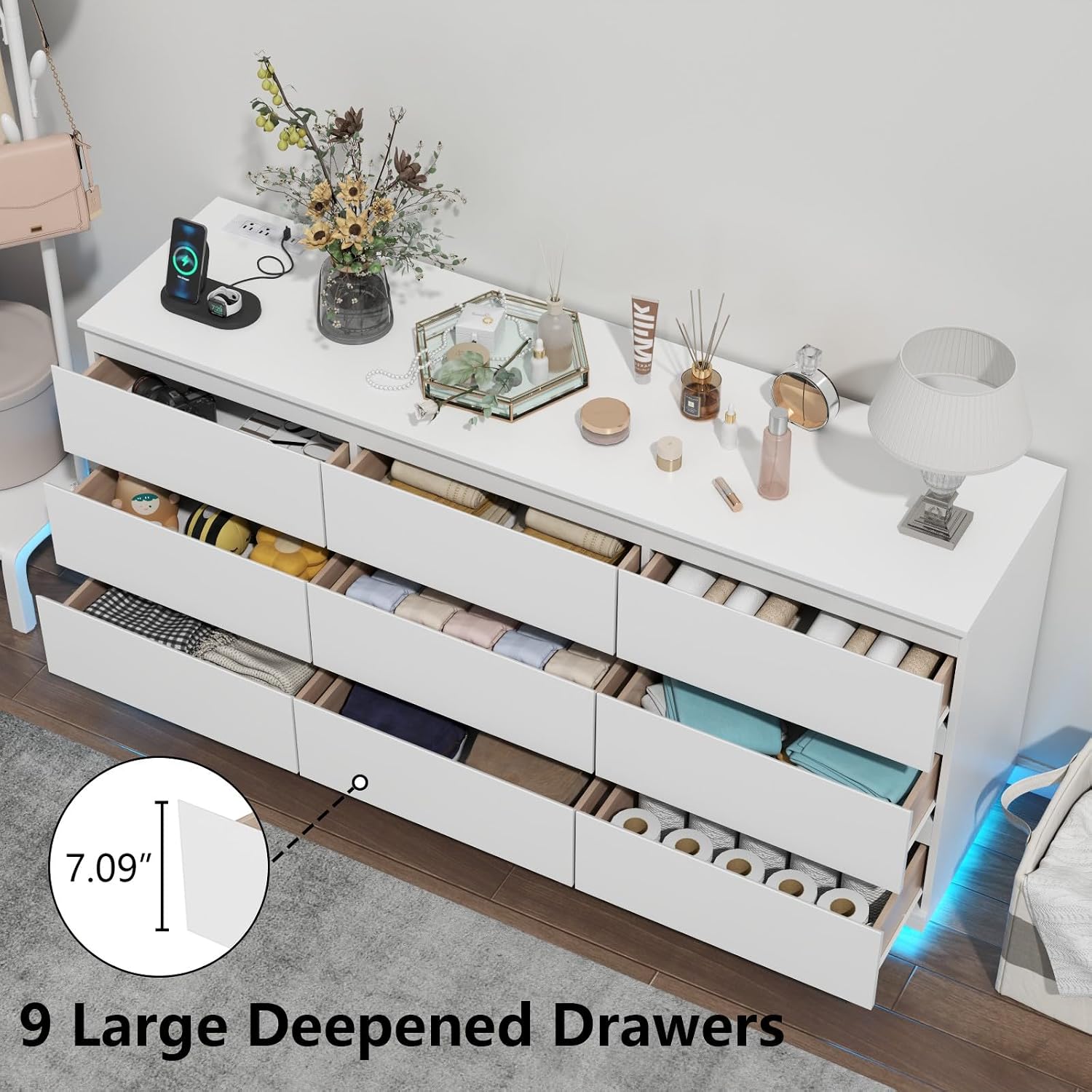 Gyfimoie 9 Drawer Dresser with Power Outlet and LED Lighting, Floating White Dresser Chest of Drawers, The Modern Organizer for Bedroom & Living Room (White)