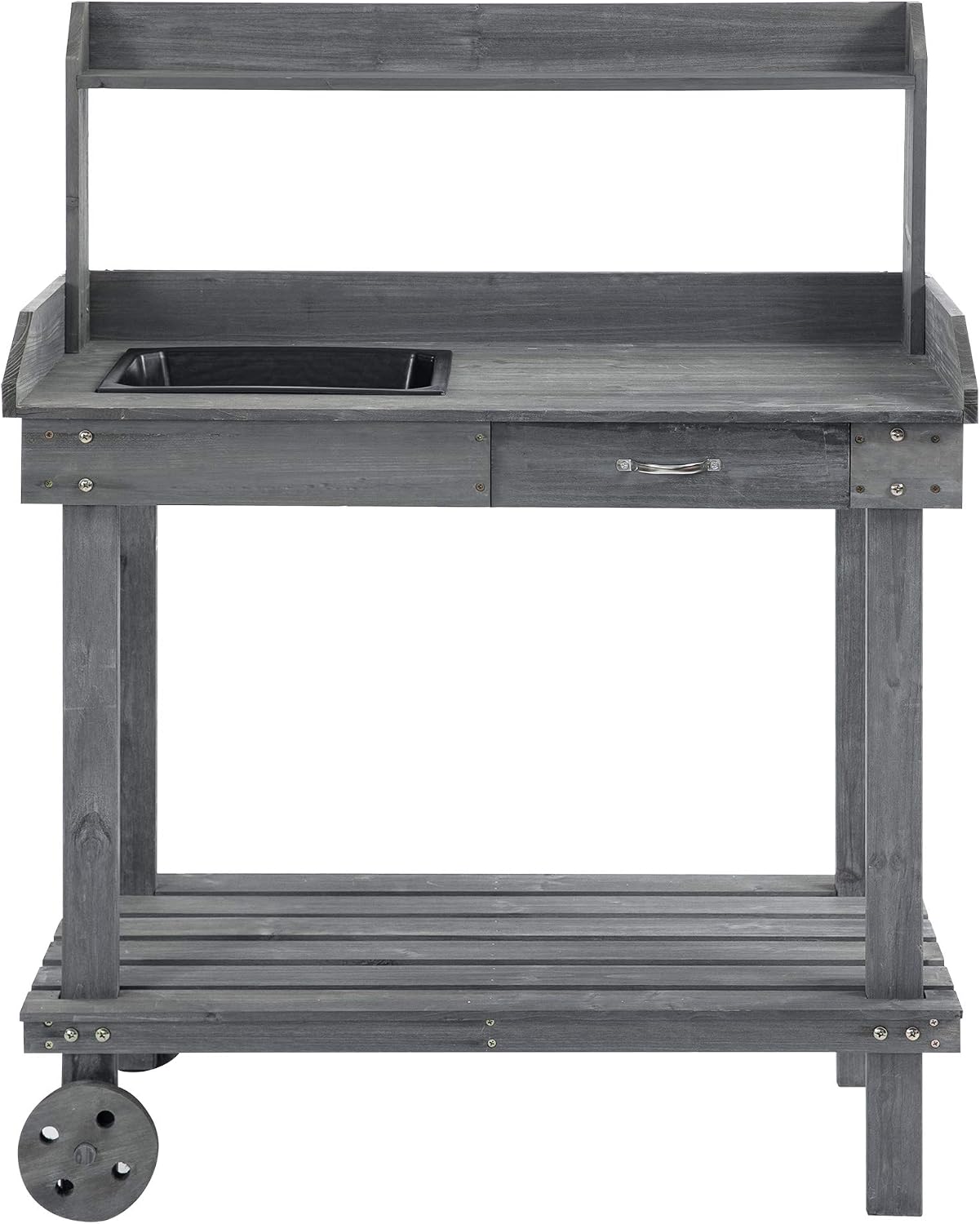 36'' Wooden Potting Bench Work Table with 2 Removable Wheels, Sink, Drawer & Large Storage Spaces, Gray