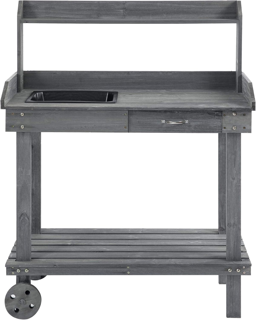 36'' Wooden Potting Bench Work Table with 2 Removable Wheels, Sink, Drawer Large Storage Spaces, Gray