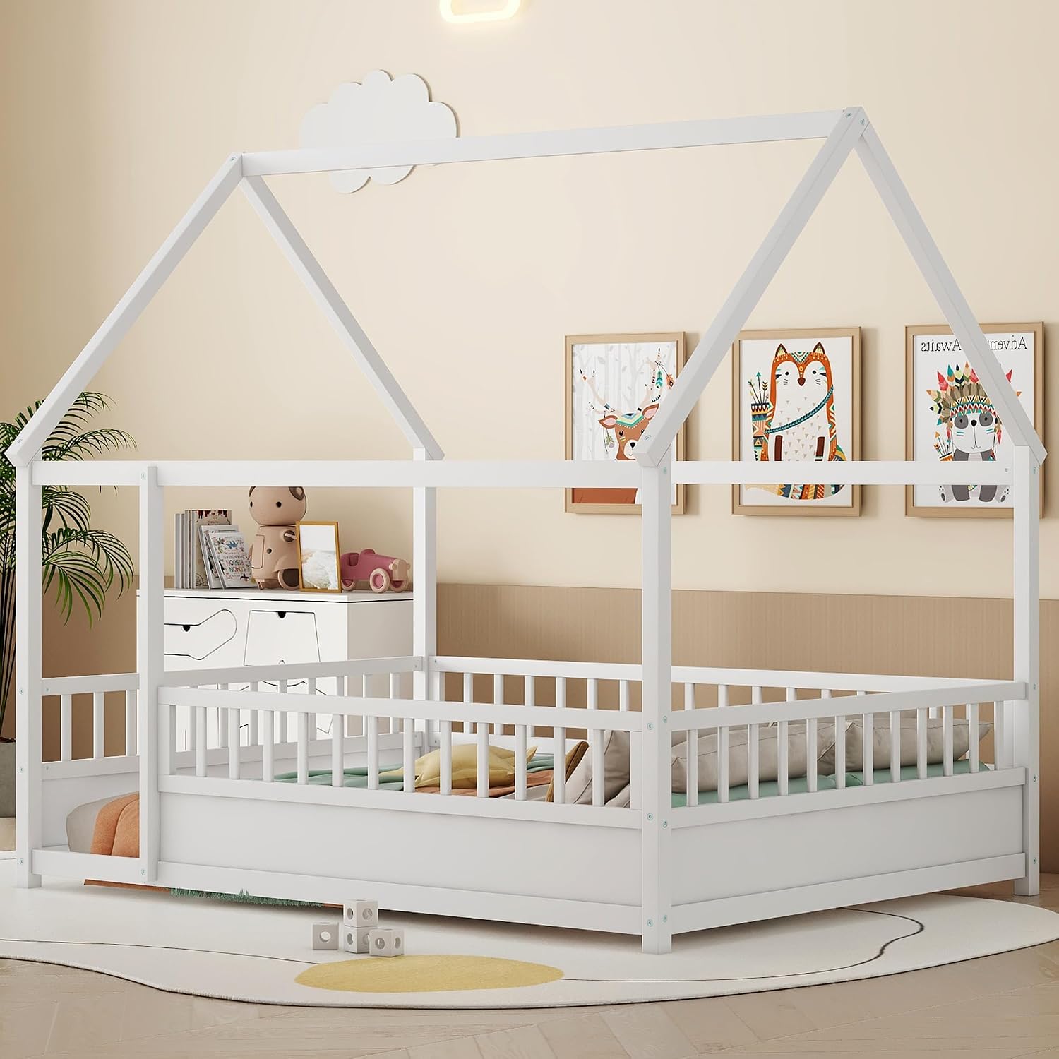 Bellemave Montessori Bed Full Size, Full Floor Bed with High Fence, House Beds for Kids, Girls, Boys, Easy Assemble Montessori Floor Beds, White