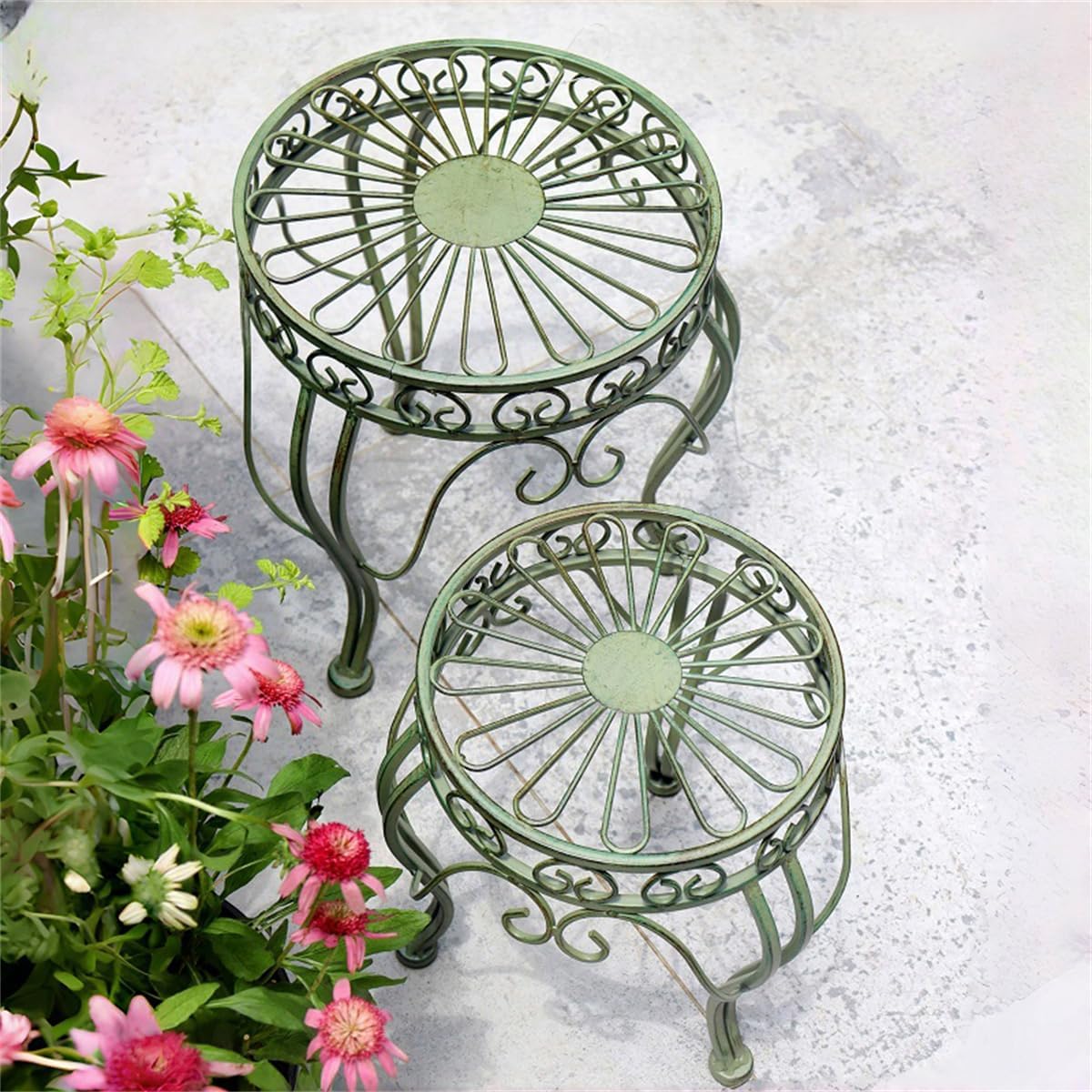 2Pcs Metal flower stand, Heavy Duty Plant Pot Shelf,Outdoor Garden Potting Bench Table,Iron Flower Pot Stands/rack,Outdoor/Indoor Plant Display Rack,for Home Garden Backyard Patio,Green