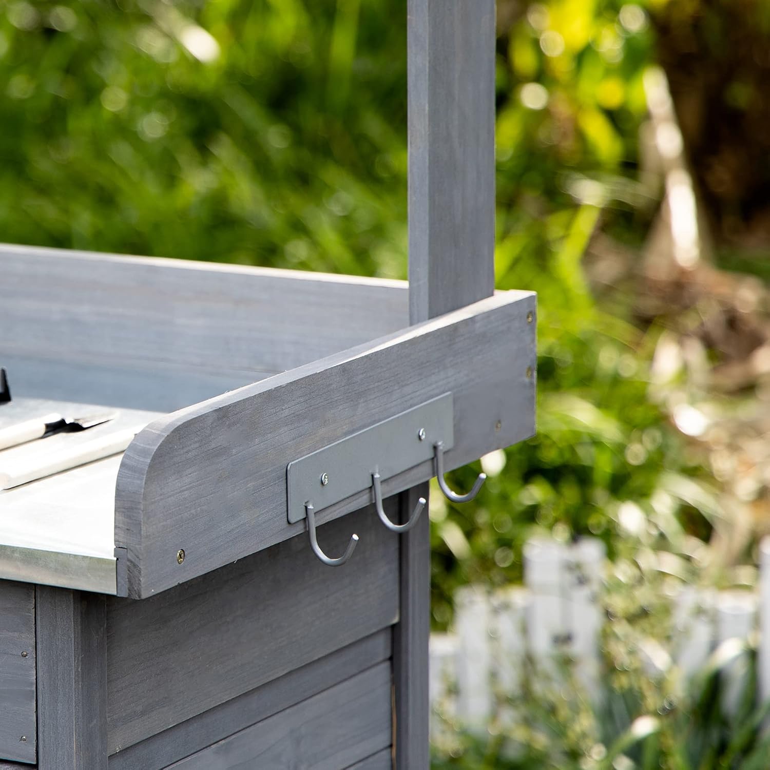 Outdoor Potting Bench Table, Work Station with Storage Cabinet, Open Shelf and Steel Tabletop, Gray
