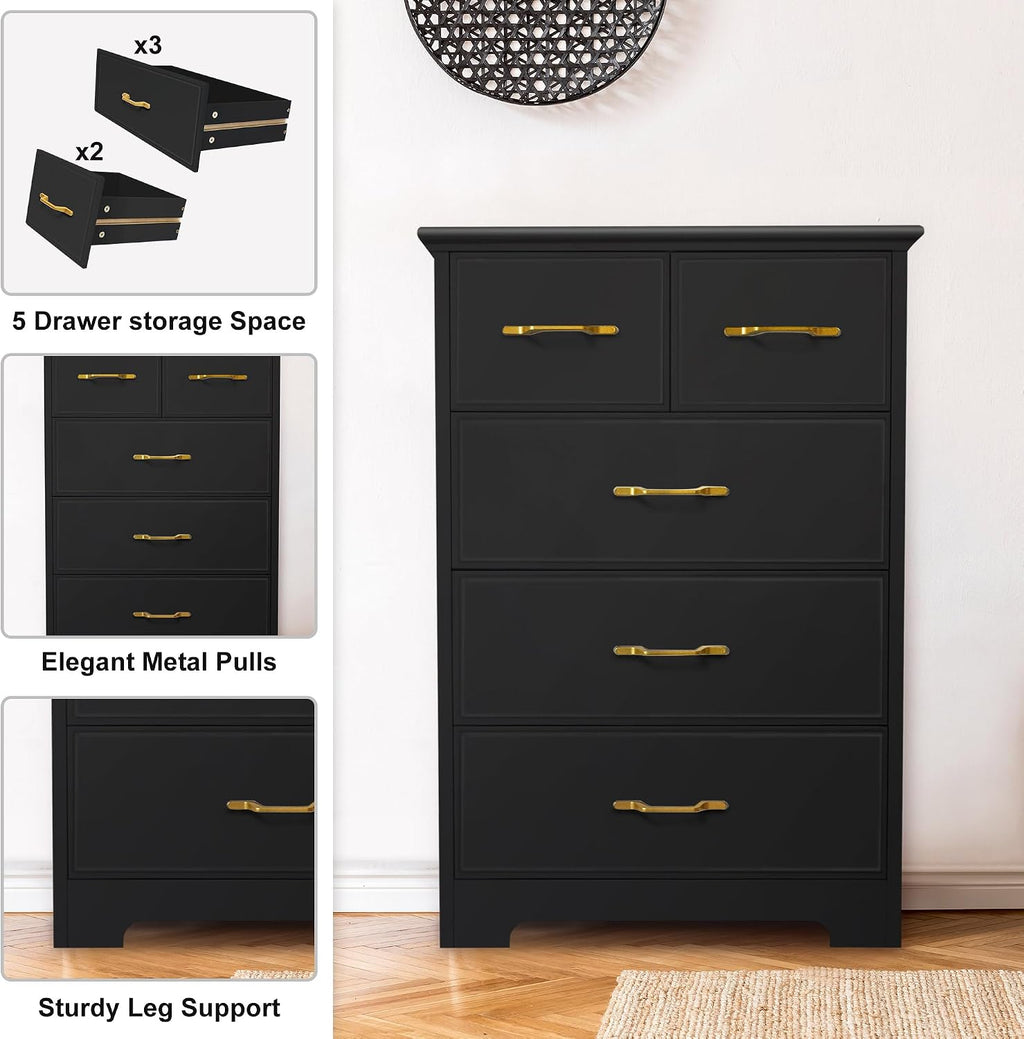 NEDYO 5 Drawer Dresser, Modern Tall Drawer Chest, Wooden Storage Organizer Cabinet for Bedroom, Living Room, Hallway, Entryway, Office. Black