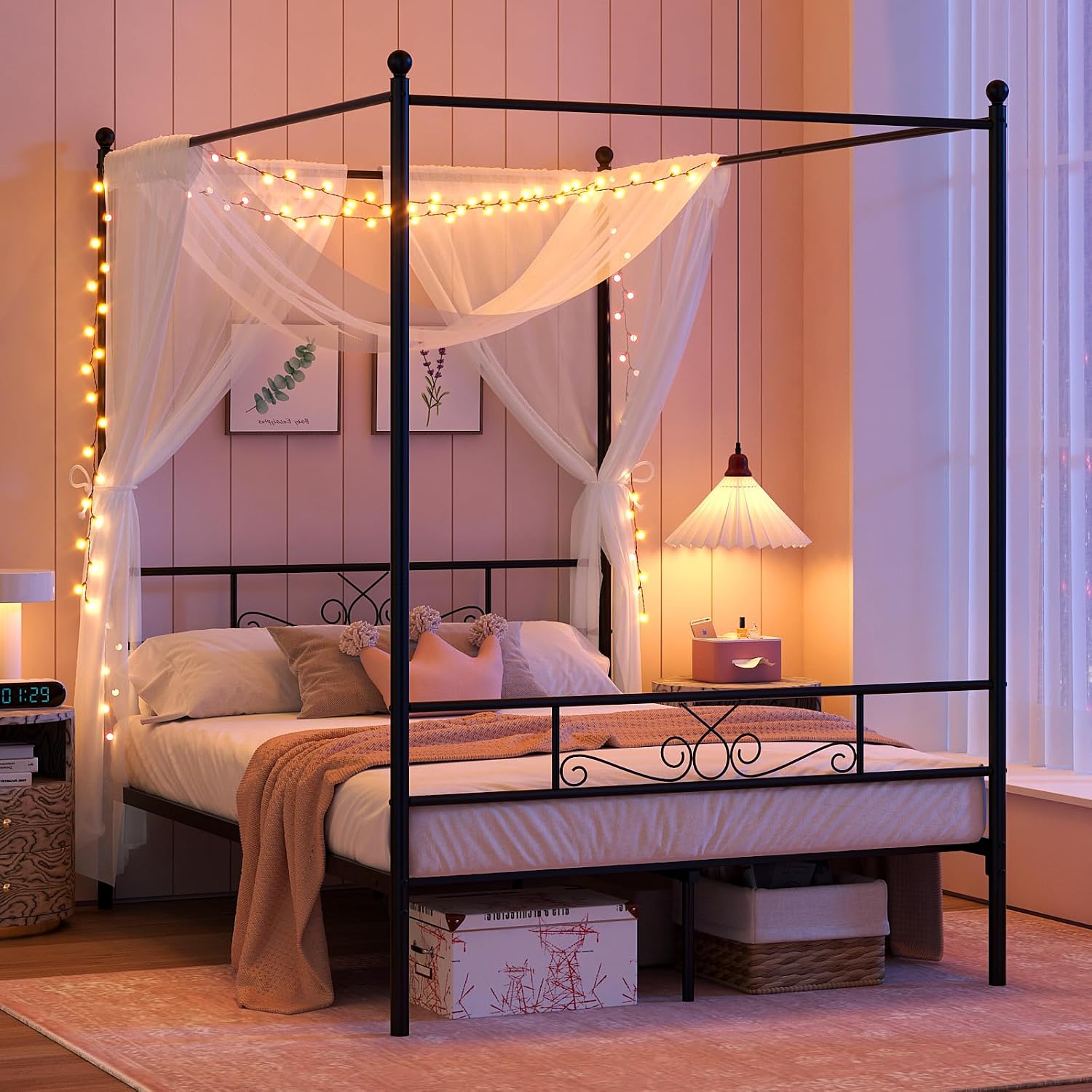 Weehom Canopy Bed Frame Full Size, Full Canopy Bed Frame with Headboard and Footboard, 4-Poster Mattress Foundation No Box Spring Needed Black