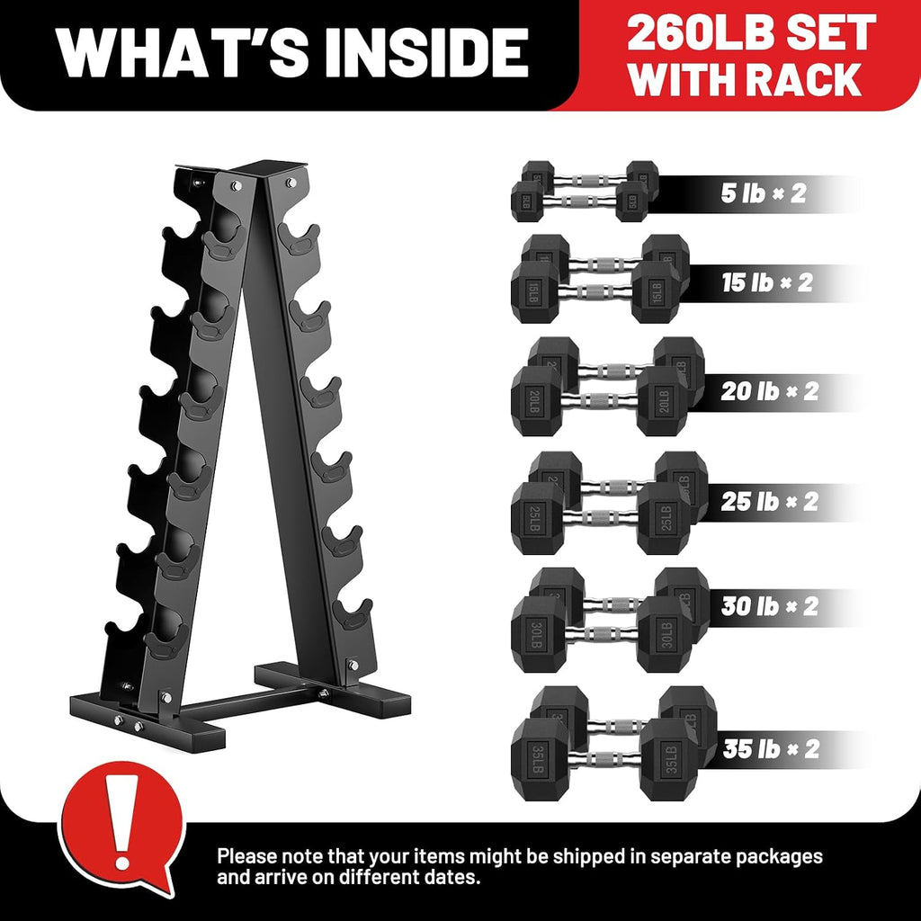 PAPABABE Hex Dumbbell Set with Rack, 85-560lb Rubber Encased Dumbbell Free Weights Dumbbells Set with Storage Rack, Hand Weights Set for Strength Training