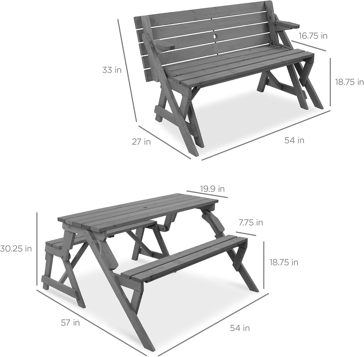 Best Choice Products 2-in-1 Transforming Interchangeable Outdoor Wooden Picnic Table Garden Bench for Backyard, Porch, Patio, Deck w/Umbrella Hole - Gray