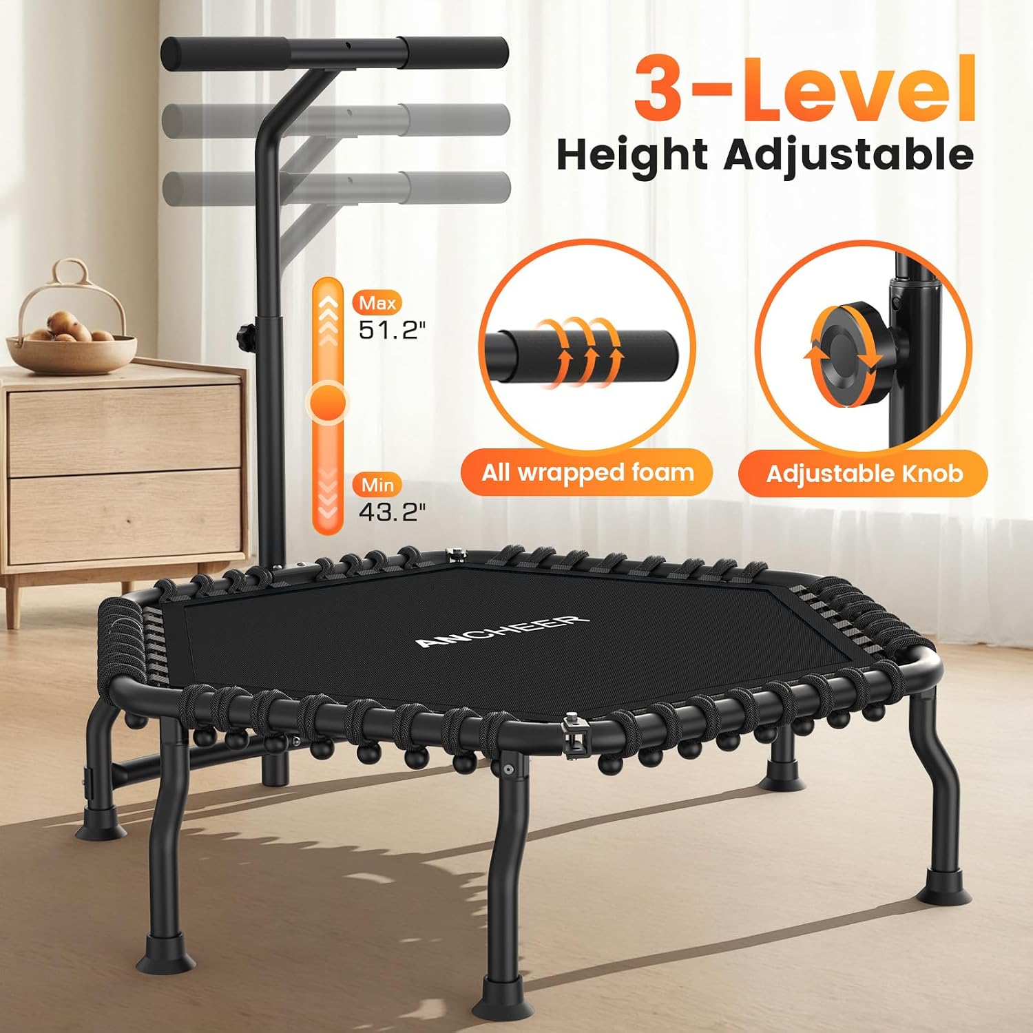 ANCHEER 50' Rebounder Trampoline for Adults- 2026 Foldable Mini Trampoline with Bar- Exercise Trampoline for Adults, Max Load 560lbs, for Indoor/Garden Workout
