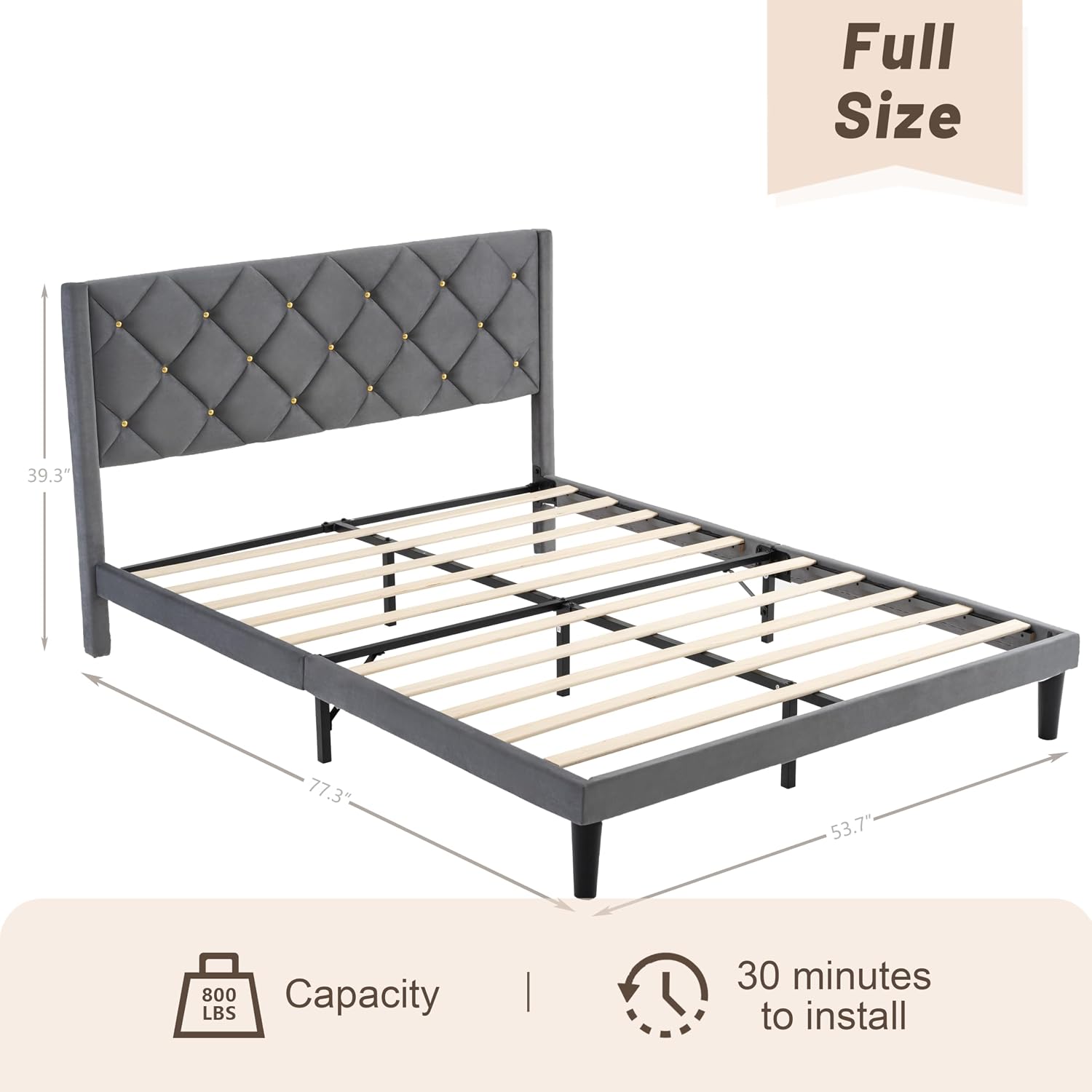Full Size Platform Bed Frame with Velvet Headboard, Sturdy Wooden Slats Support, Mattress Foundation, No Box Spring Required, Non-Slip and Noise-Free,Easy Assembly, Grey