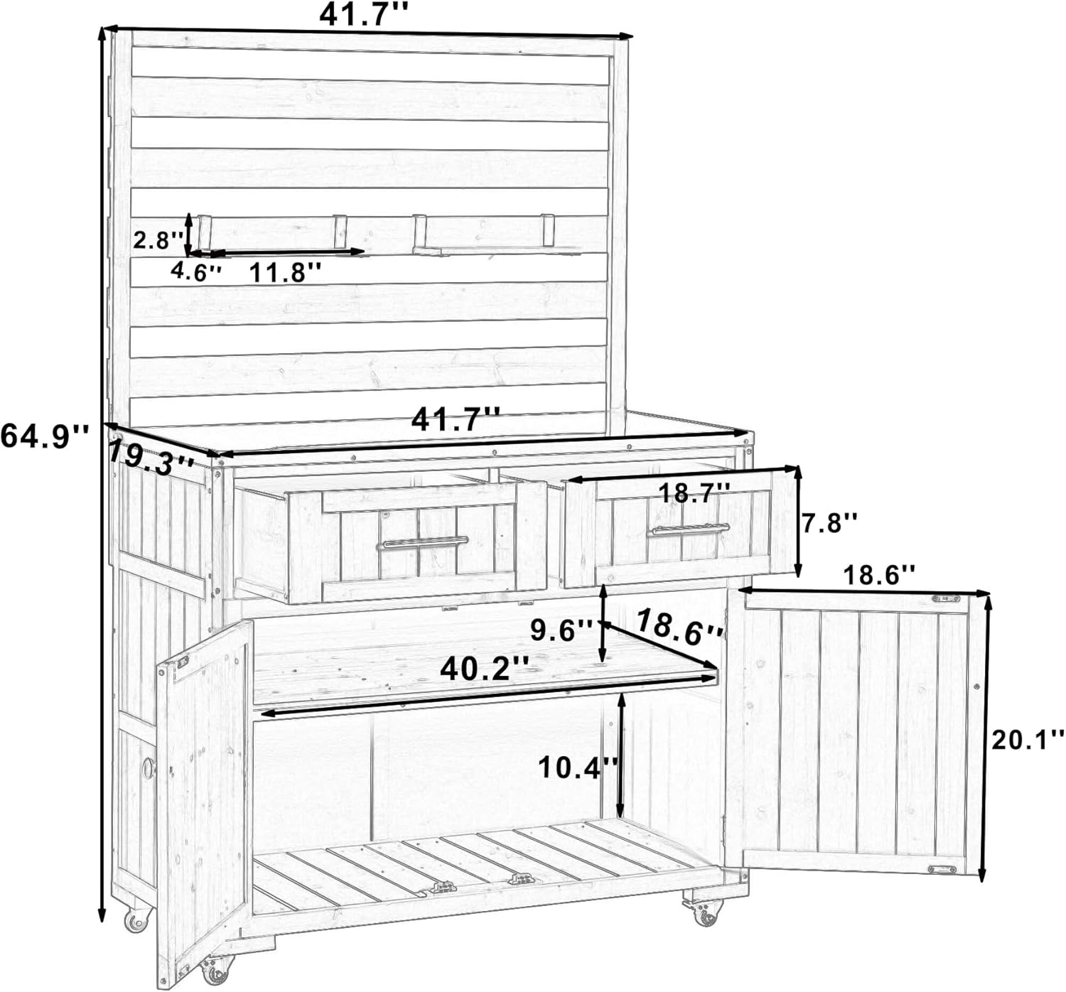 Merax 41.7'' W Patio Kitchen Island Solid Wood Kitchen Cart, Grill Prep BBQ Table, Garden Potting Bench with Stainless Table Top, 3 Movable Shelves and 2 Drawers,Black