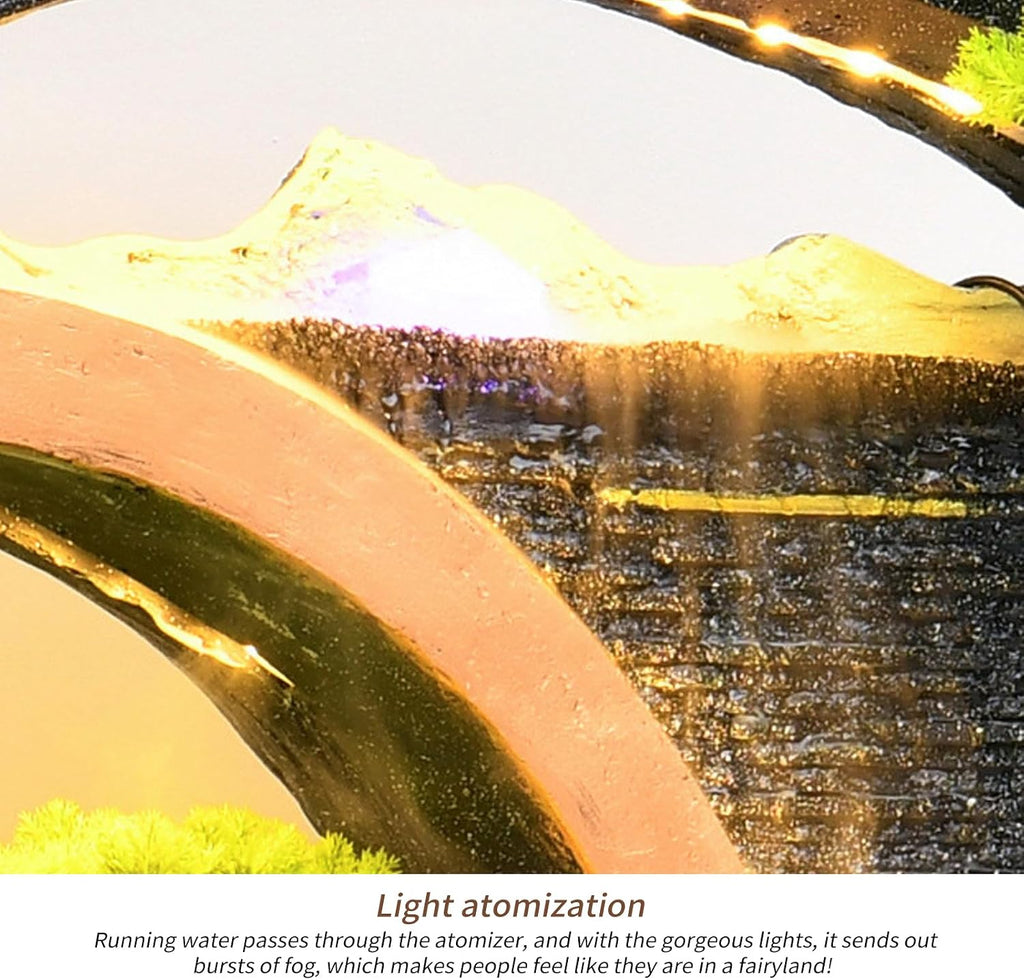 Indoor Outdoor Resin Fountain with LED Light Ring – Round Landscape Waterfall Feature with Pump, Bonsai & Gourd Decor – 6.07ft Tall Large Decorative Water Sculpture(B Small)