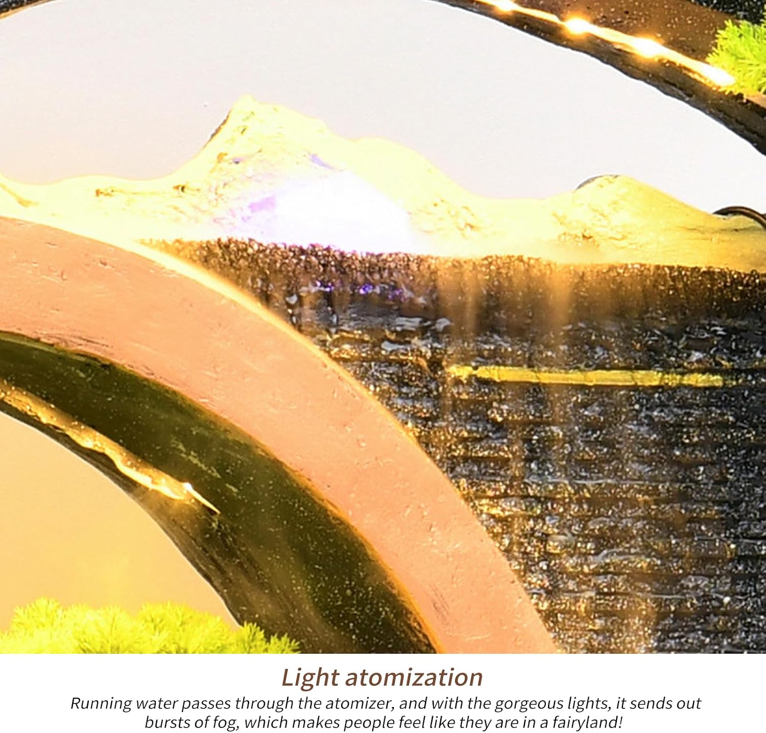 Indoor Outdoor Resin Fountain with LED Light Ring – Round Landscape Waterfall Feature with Pump, Bonsai & Gourd Decor – 6.07ft Tall Large Decorative Water Sculpture(B Small)