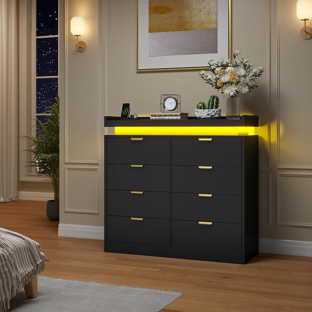 knoworld 8 Drawer Dresser for Bedroom, Black Dresser with LED Lights and Power Outlet, Large Wooden Dressers Modern Chest of Drawers, Double Wide 9 Drawer Dressers for Bedroom, Entryway, Hallway