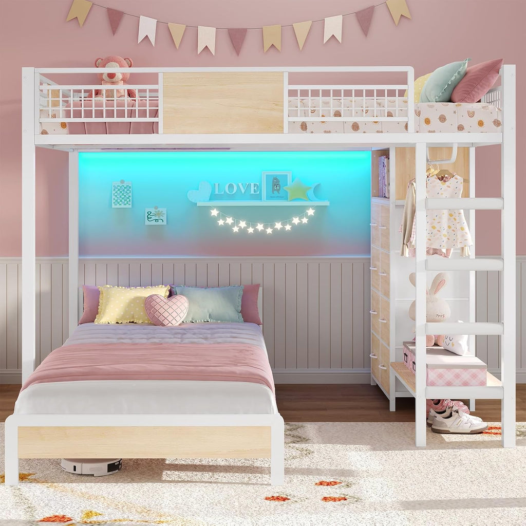 ADORNEVE Full Over Twin Bunk Bed with 8 Storage Drawers, Metal Loft Bed with Led Lights & Storage Shelves, Bunk Beds Twin over Full Size with 13.4' H Safety Guardrail & Ladder, for Kids & Teens, White