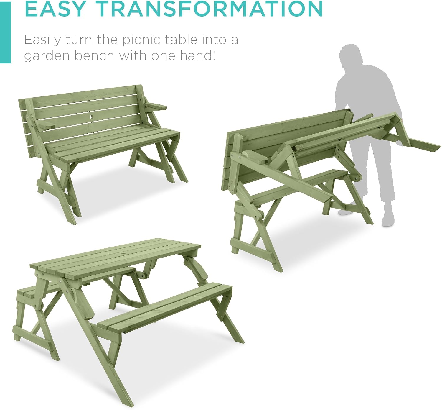 Best Choice Products 2-in-1 Transforming Interchangeable Outdoor Wooden Picnic Table Garden Bench for Backyard, Porch, Patio, Deck w/Umbrella Hole - Sage Green