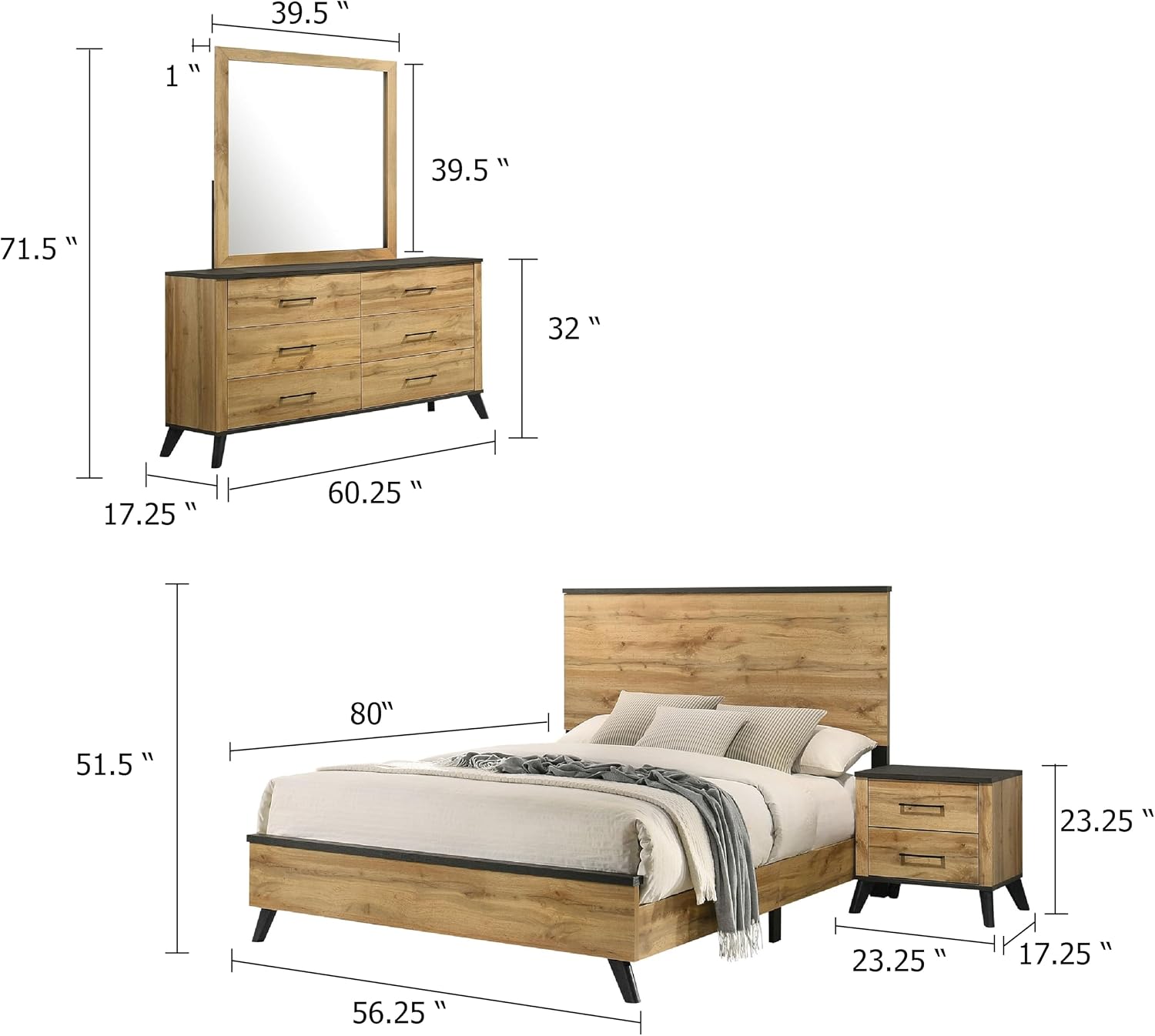 Benzara Wemy 4 Piece Full Size Bed Set, Rustic Brown Pine Wood, Tapered Legs
