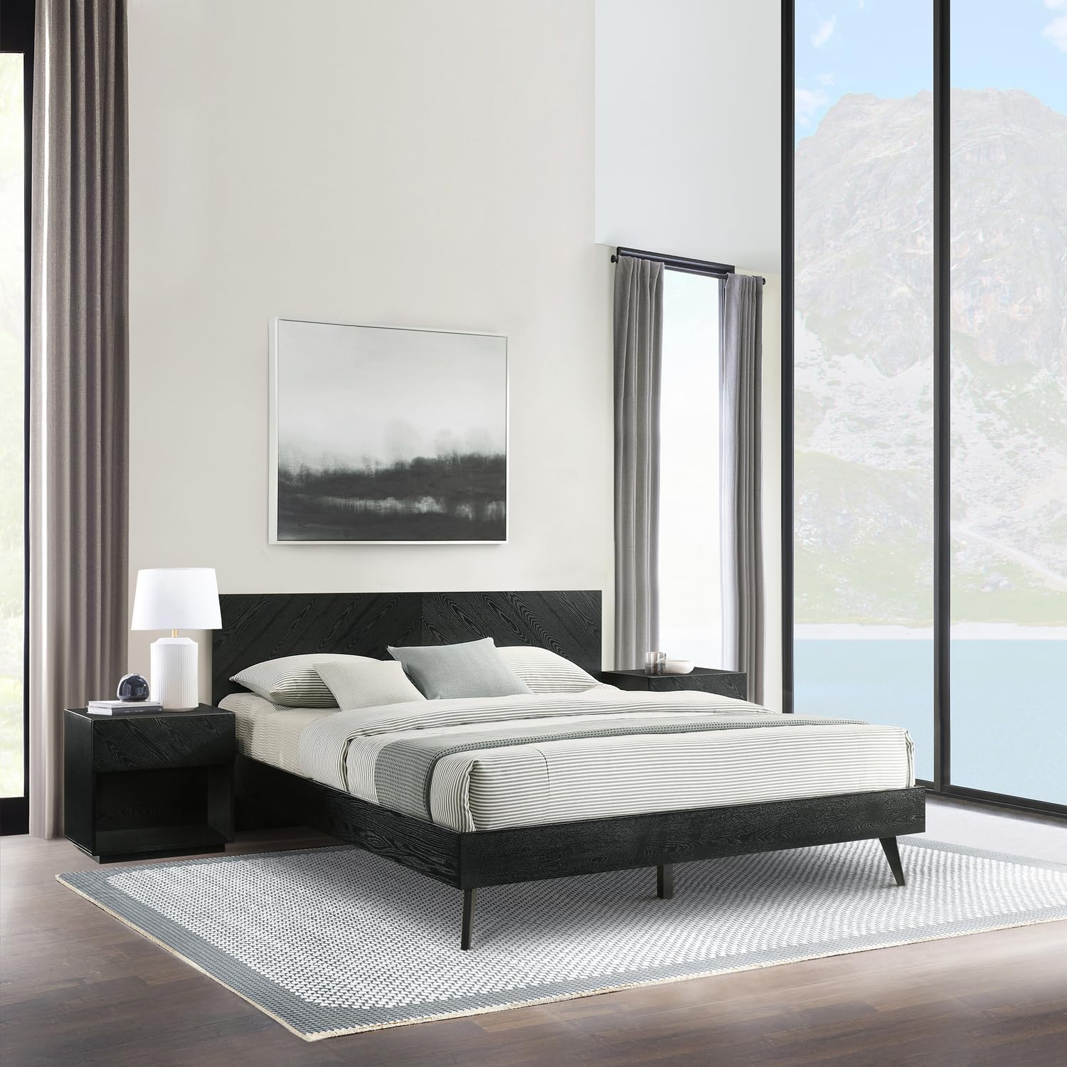 HomeStock King Wood Bedroom Set - 3 Piece Black Finish Bed Frame2 Nightstands