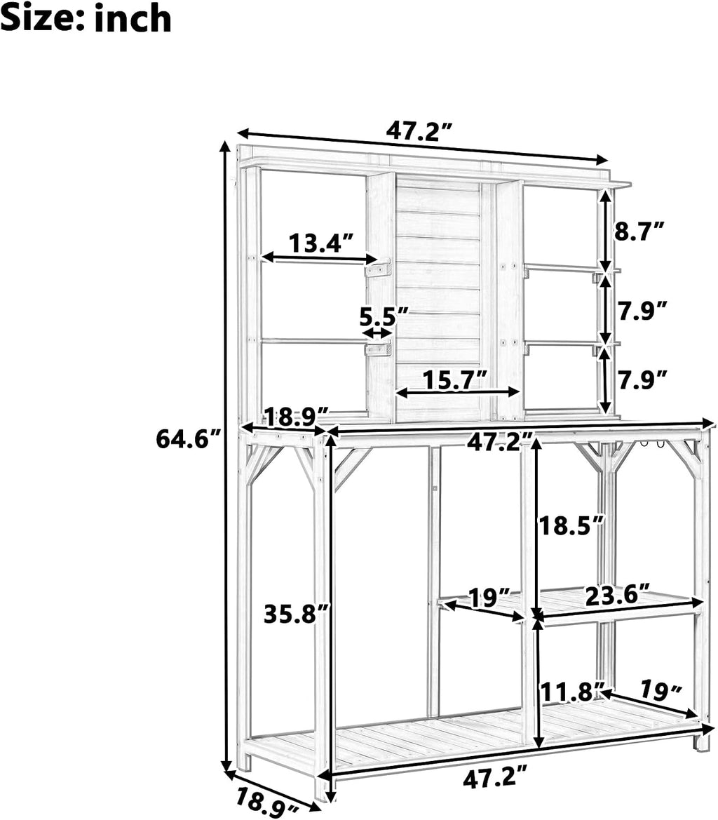 64.6' Outdoor Large Potting Bench Table,Wood Workstation with 6-Tier Shelves and Large Tabletop,Backsplash and Side Hook,for Mudroom Backyard Garden Patio (Green@Shelves)