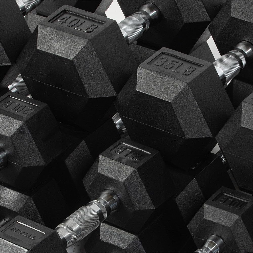 Titan Fitness Rubber Hex Dumbbells, 5 LB-50 LB Set of Pairs, Roll-Resistant Hexagonal Free Weights, Hex Dumbbell Set with Chrome-Coated Handles, Free Weight Set, Strength Training Equipment
