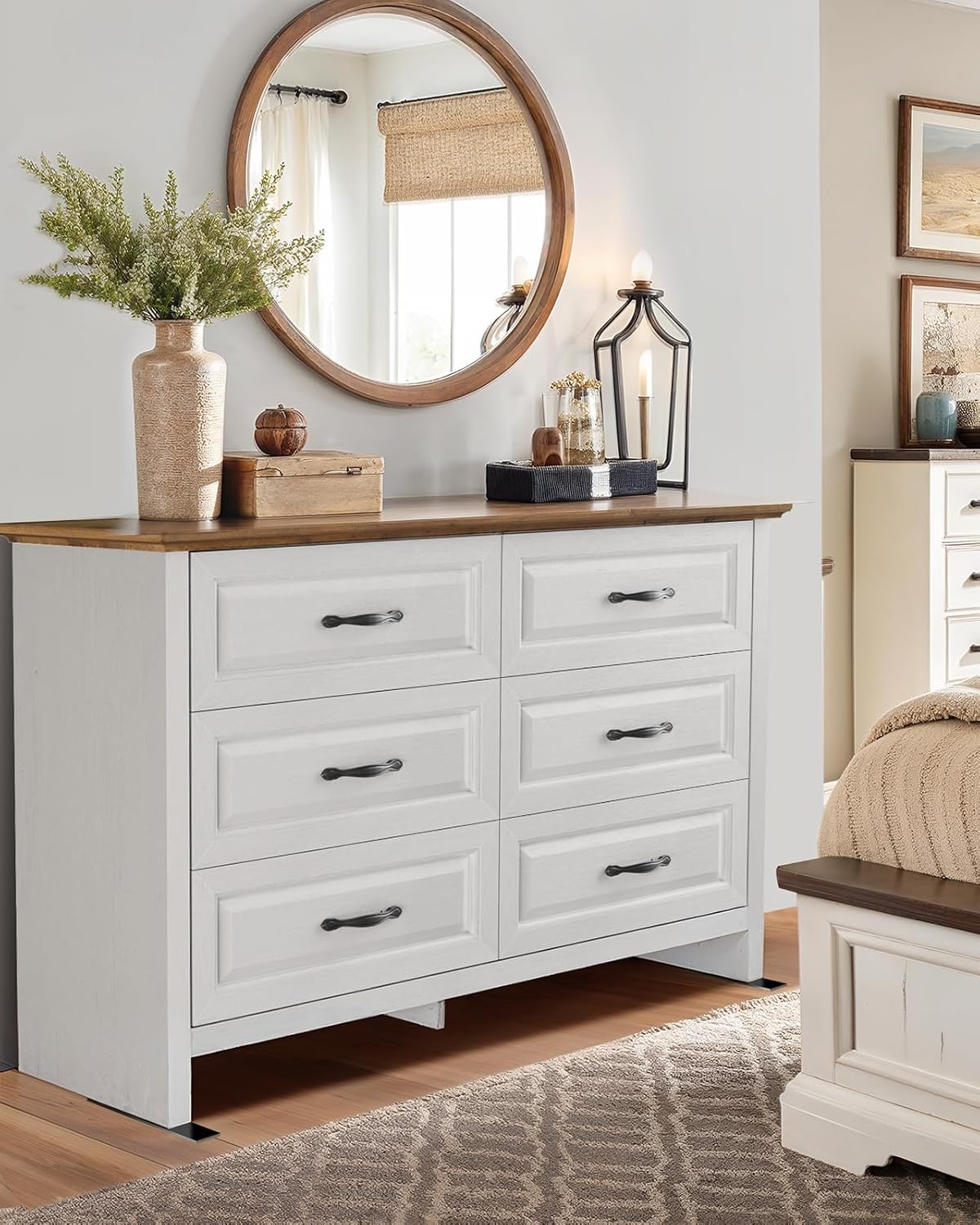 Pipishell White 6 Drawer Dresser for Bedroom, 47' Wide Wood Chest of Drawers with Bar Handles, Modern Storage Dresser Organizer for Bedroom, Living Room, Hallway, Brown & White