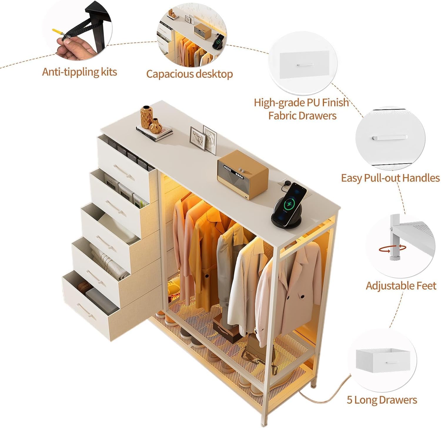 Dresser for Bedroom, Dresser with Hanging Rack Led Lights and Charging Station, White Bedroom Dresser with 5 Fabric Chest of Drawers with PU Finish Storage Organizer, for Living Room Hallway, White